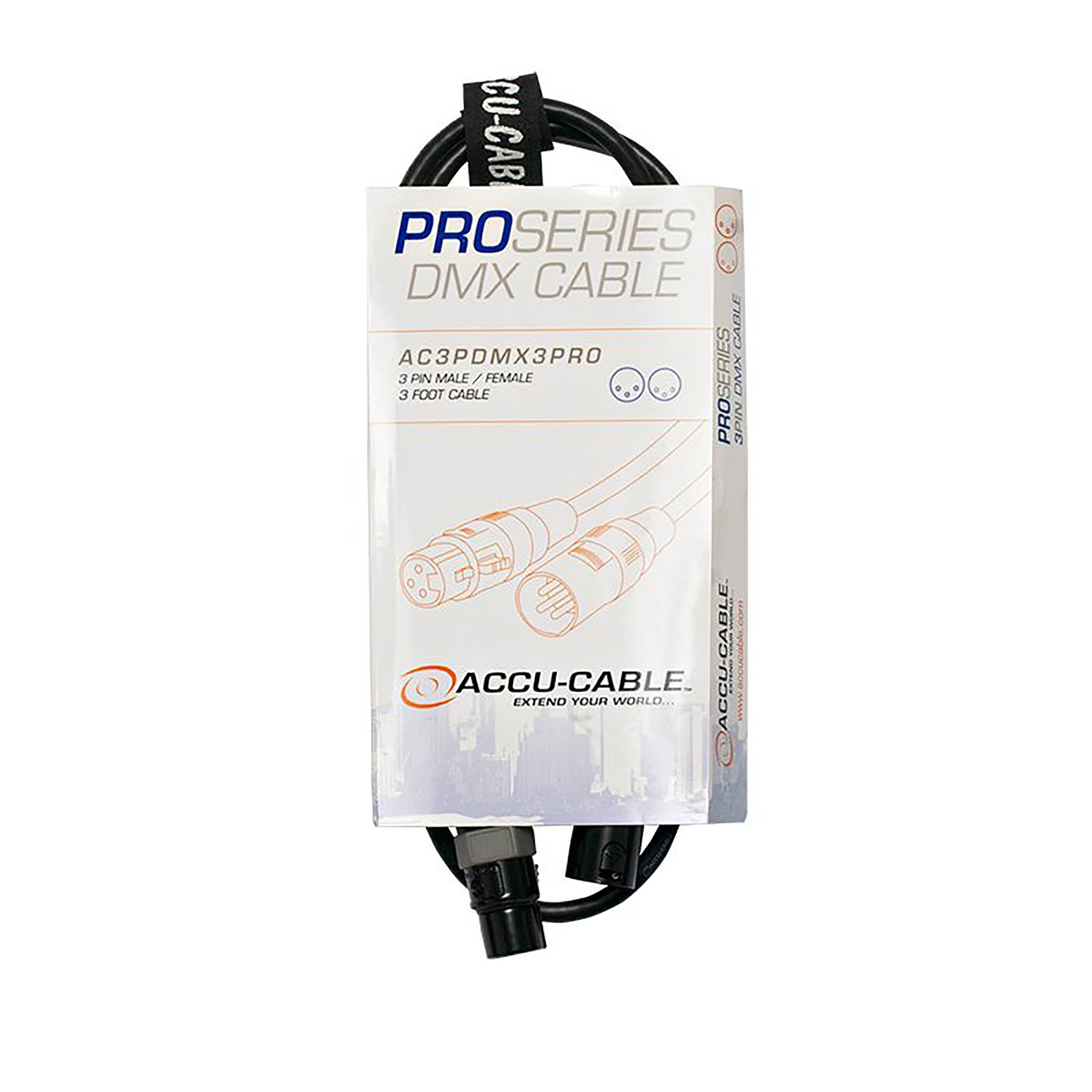Accu-Cable AC3PDMX3PRO, 3-Pin Male to 3-Pin Female DMX Cable - 3 Ft by Accu Cable