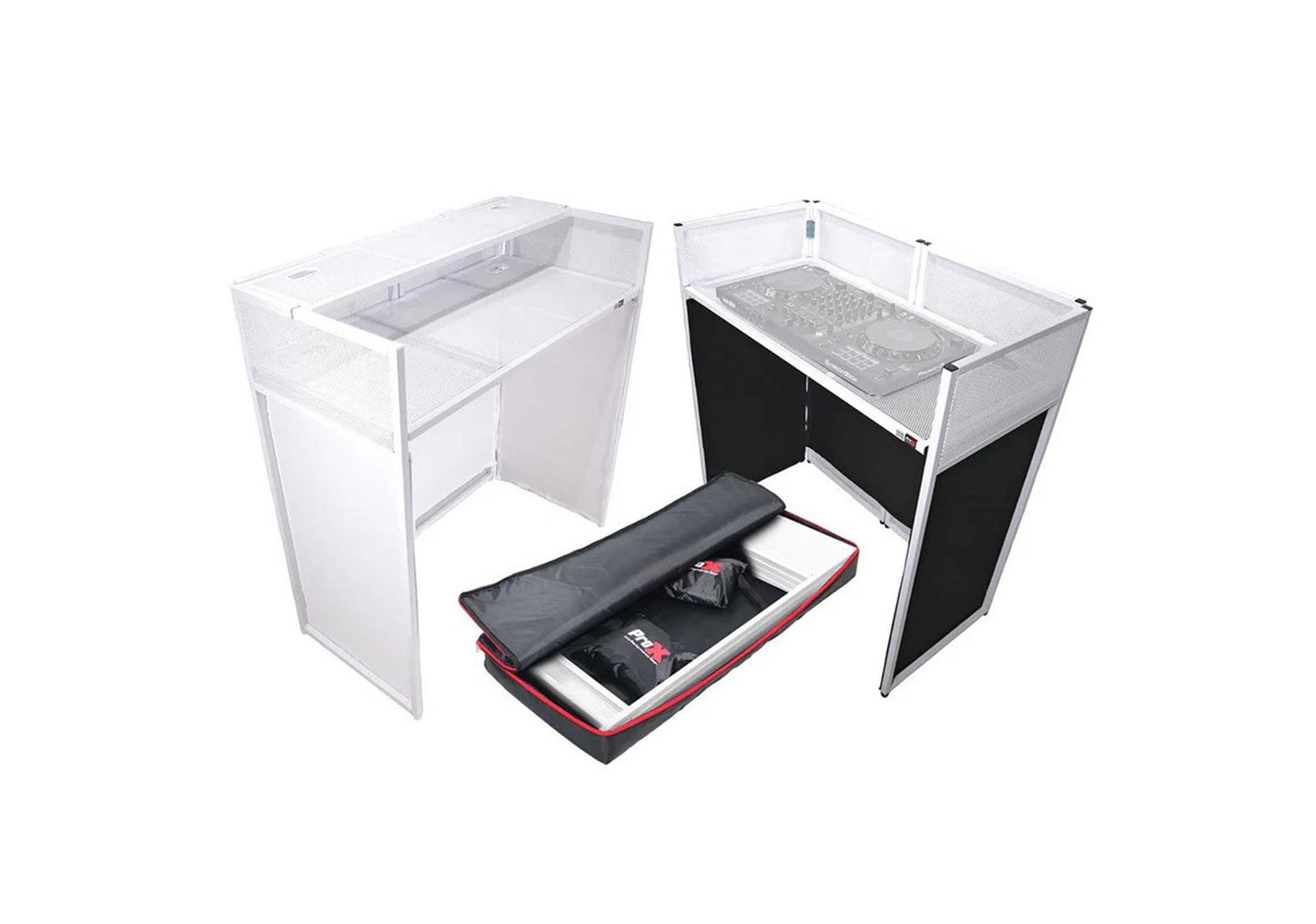 ProX XF-VISTA WH MK2 DJ Booth Facade Table Station Frame with Scrim kit and Padded Travel Bag - White/ Black by ProX Cases