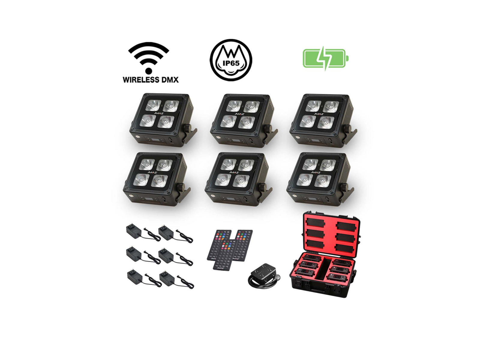 JMAZ MAD PAR 4IP 6PK, 4 x 12W RGBWA+UV Battery Powered Outdoor Uplight Kit by JMAZ