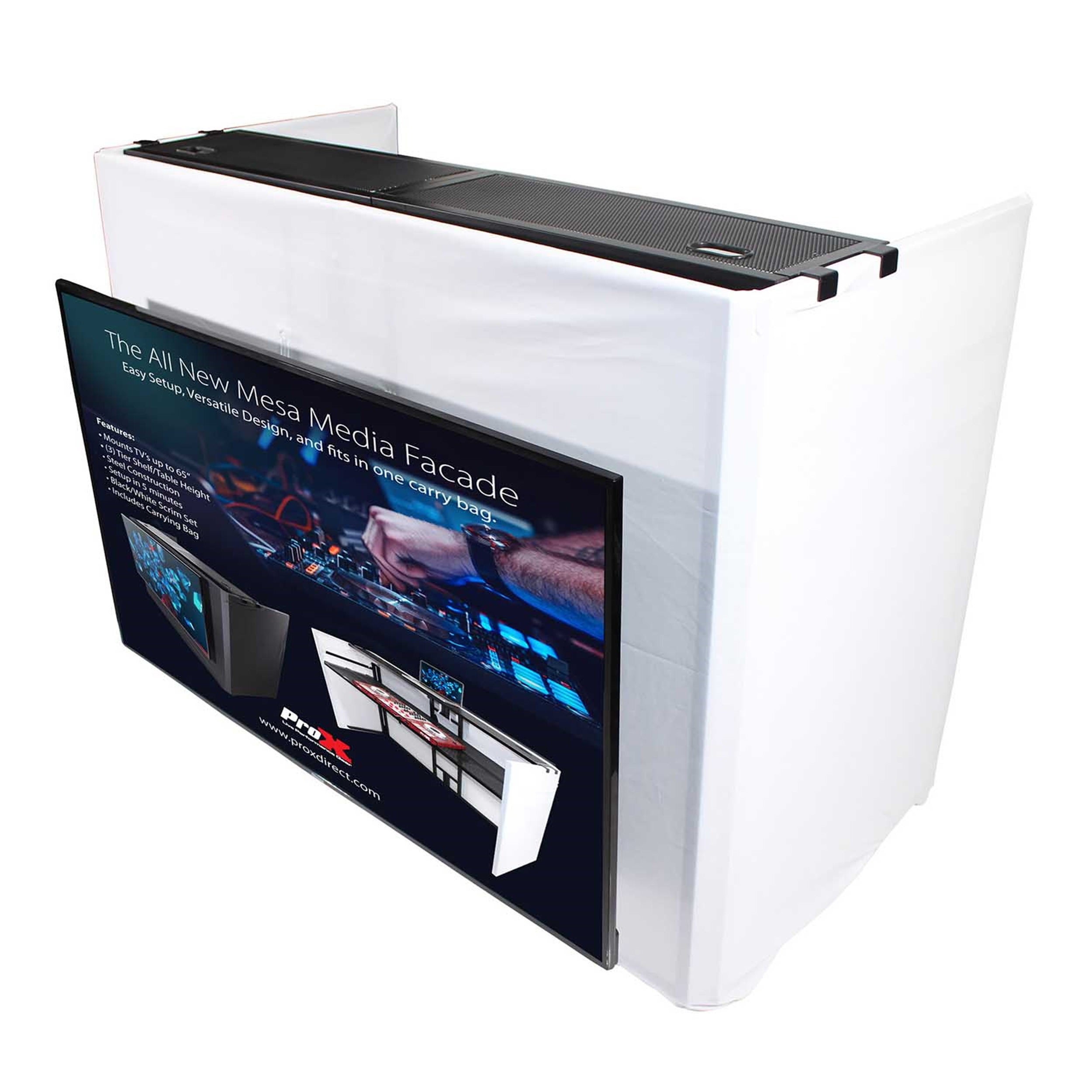 ProX XF-MESAMEDIA MK2, DJ Facade Table Workstation Includes TV Bracket Mount White and Black Scrims and Carry Bag by ProX Cases
