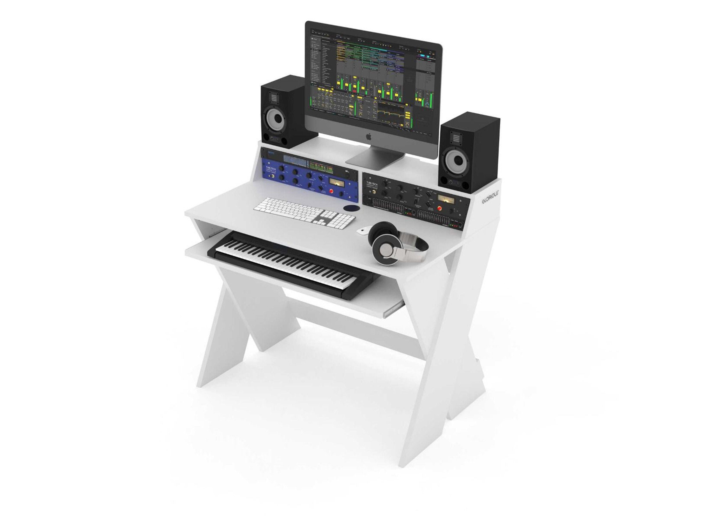 Glorious SOUND-DESK-COM-WHT, X-Shaped Compact and Adjustable Studio Workstation - White by Glorious