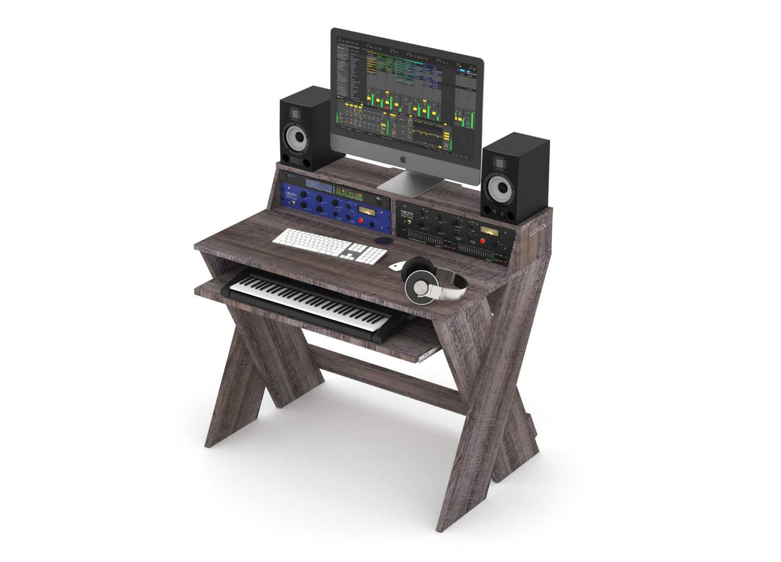 Glorious SOUND-DESK-COM-WAL, X-Shaped Compact and Adjustable Studio Workstation - Walnut by Glorious