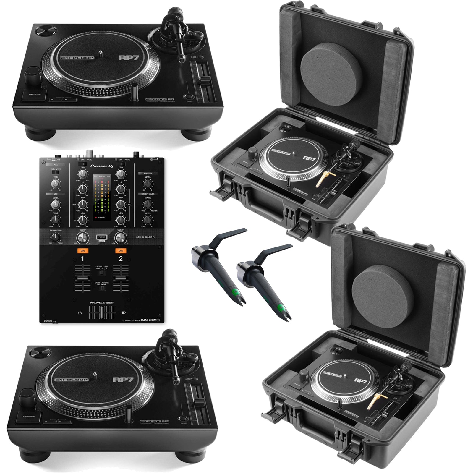 Reloop RP-7 Professional 7 Inch Direct Drive DJ Turntables Pair with Cases Mixer and Cartridges by Reloop