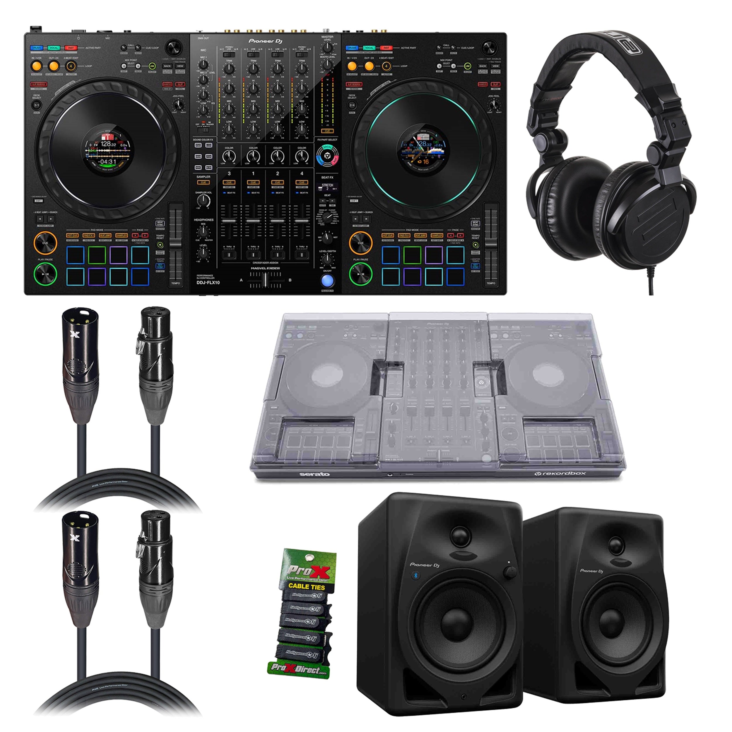 Pioneer DDJ-FLX10 DJ Controller Package with Monitor System, Headphones, Protection Cover, Cables and Cable Ties by Pioneer DJ