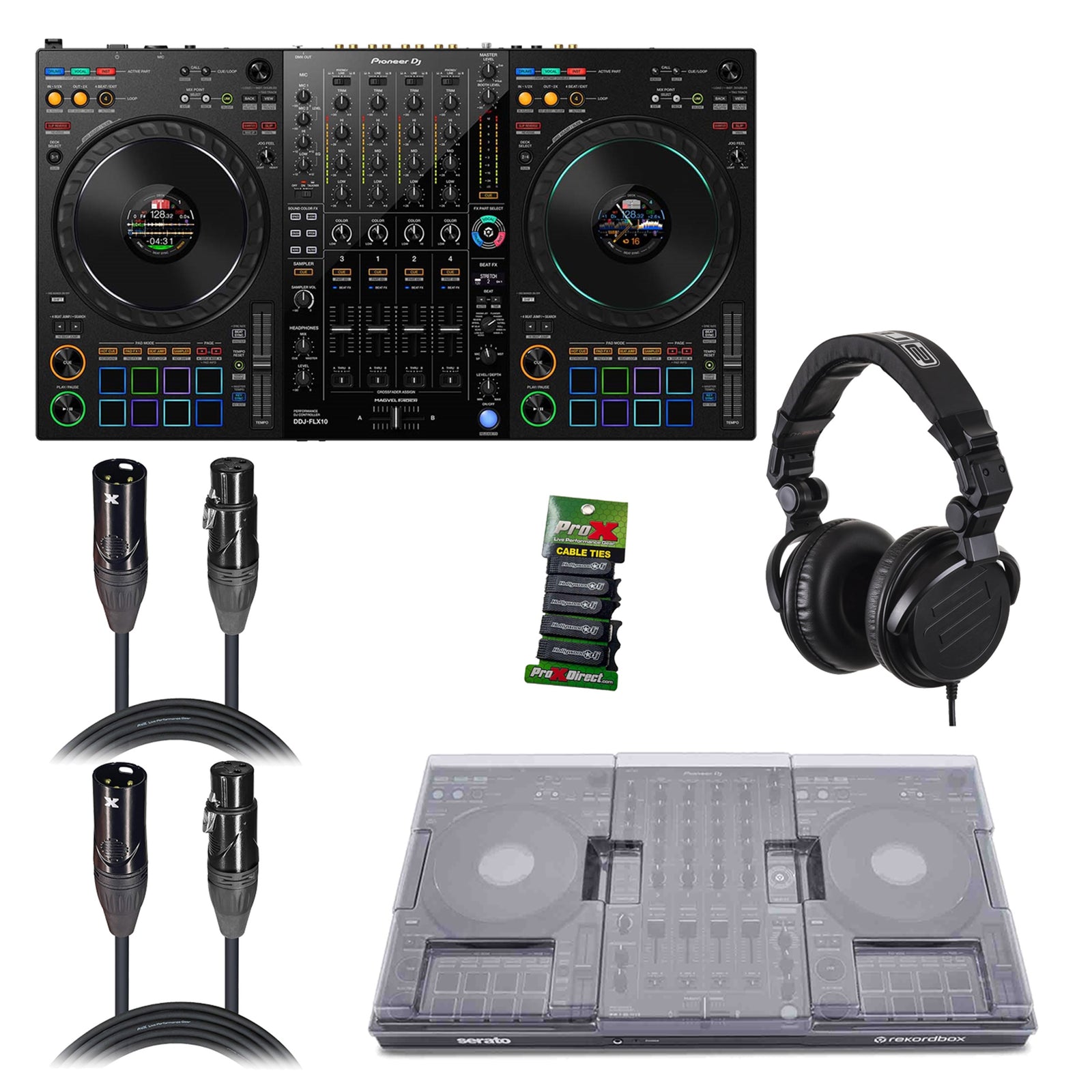 Pioneer DDJ-FLX10 DJ Controller Package with Headphones, Protection Cover, Cables and Cable Ties by Pioneer DJ