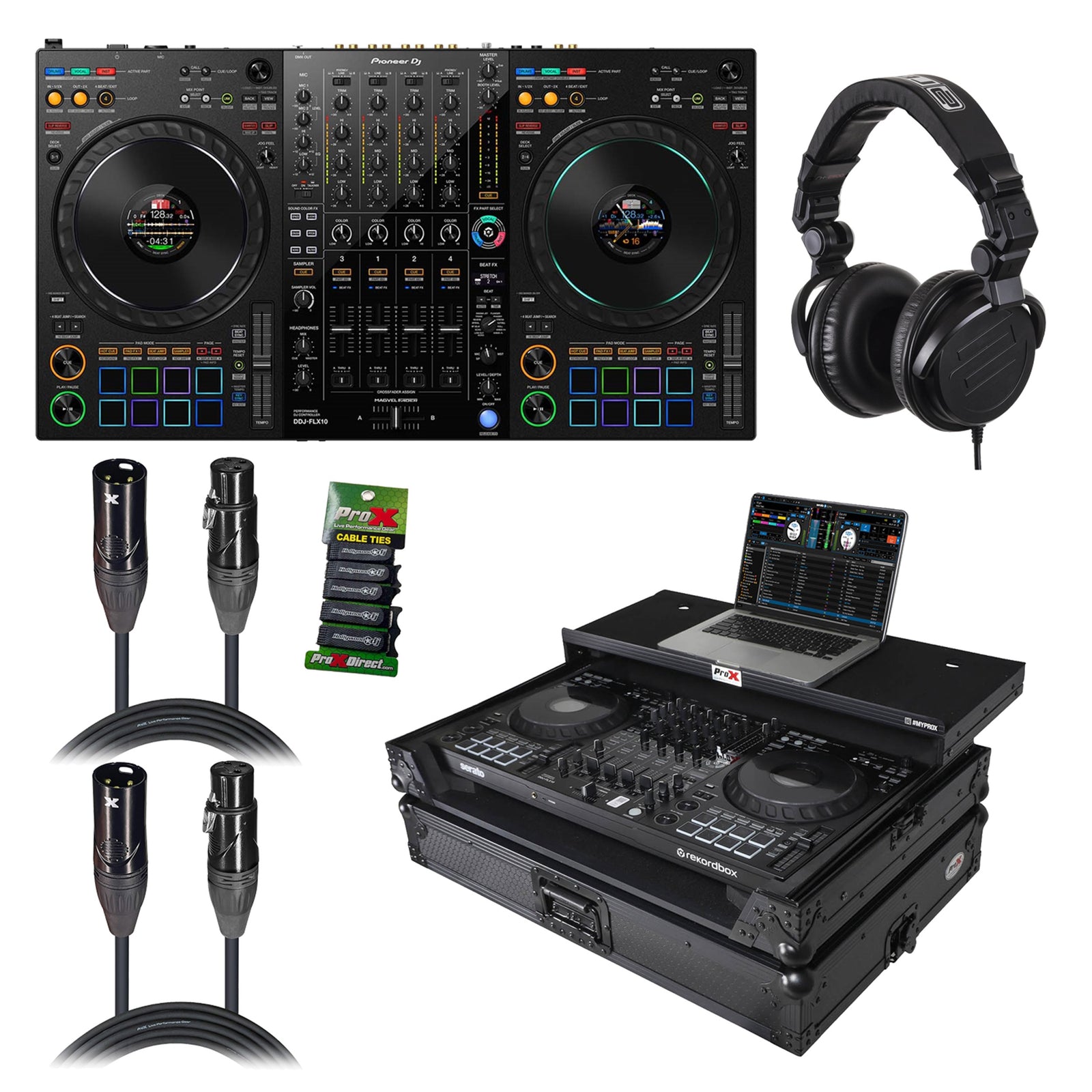 Pioneer DDJ-FLX10-W DJ Controller Package with Headphones, Road Case, Cables and Cable Ties by Pioneer DJ