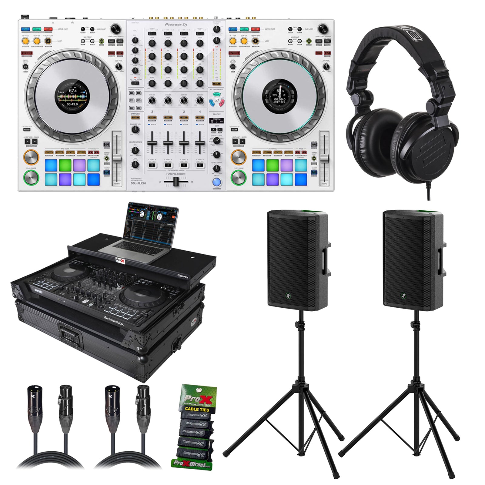 Pioneer DDJ-FLX10-W DJ Controller Package with Loud Speaker System, Headphones, Road Case, Tripod Stands, Cables and Cable Ties by Pioneer DJ