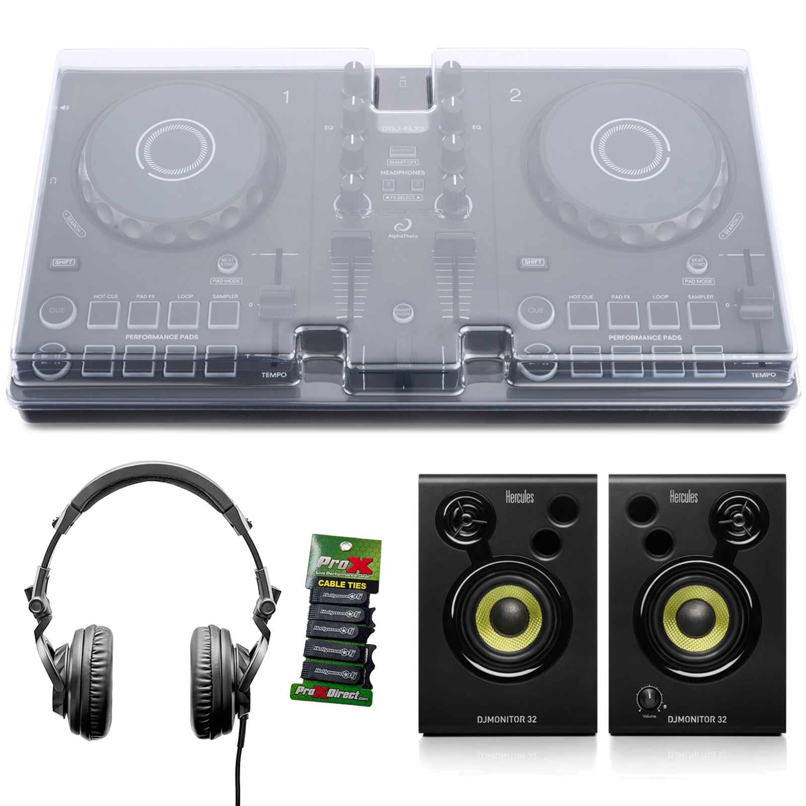 Pioneer DJ AlphaTheta DDJ-FLX2 with Headphones & Monitors & Decksaver by AlphaTheta