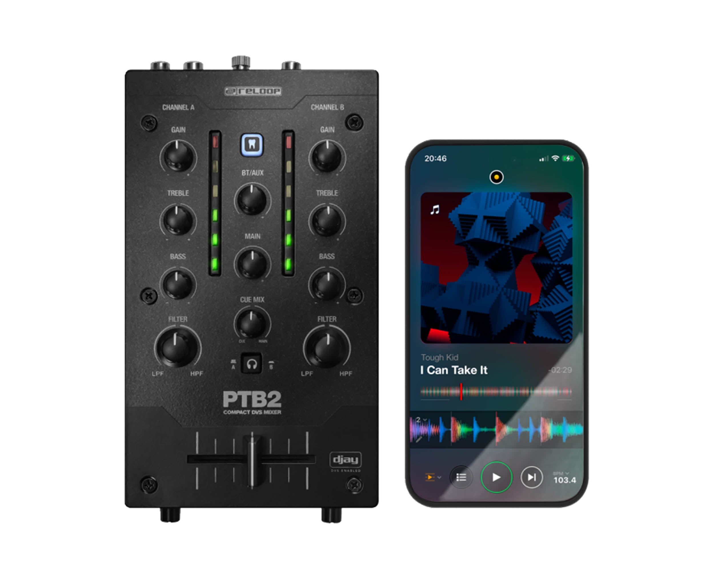 Reloop PTB-2 Portable and Compact 2+1-Channel DJ Mixer with Bluetooth Interface by Reloop