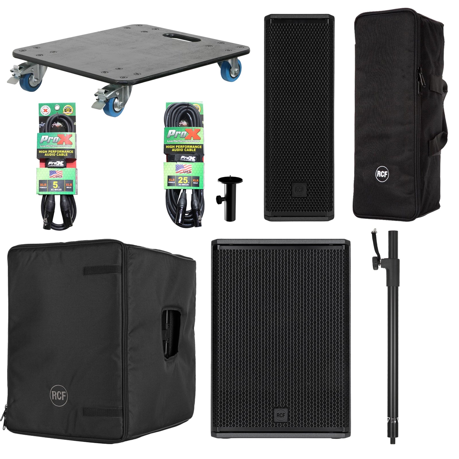 RCF NXL14-A Point Source Speaker and SUB-15AX Subwoofer Package with Pole Cables and Dolly by RCF
