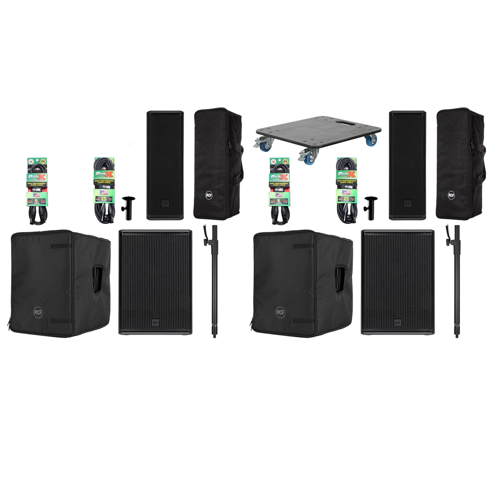RCF NXL14-A Point Source Speaker and SUB-15AX Subwoofer Package with Pole Cables and Dolly (Pair) by RCF