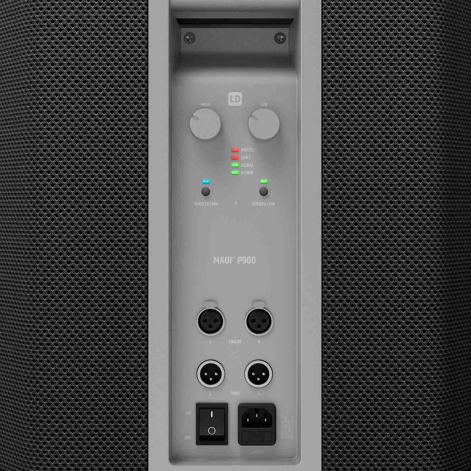 LD Systems MAUI P900 rear connector panel with XLR in and out, level and mode controls - Hollywood DJ