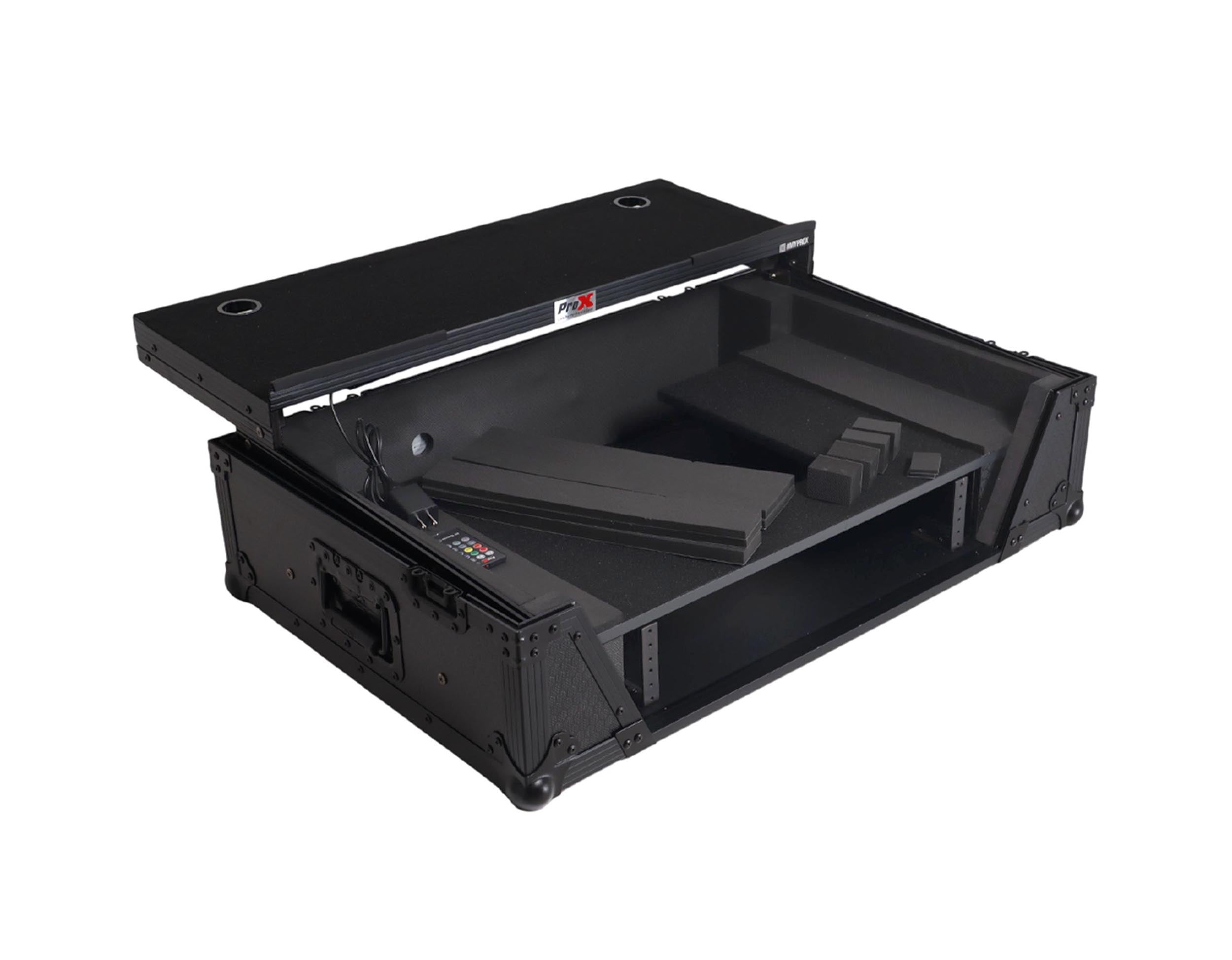 ProX XS-U2915WLTBL2ULED Flight Road Case for Pioneer DDJ-FLX10, REV5 and REV7 DJ Controller with Laptop Shelf Wheels LED Black Finish - 2 RU by ProX Live Performance Gear