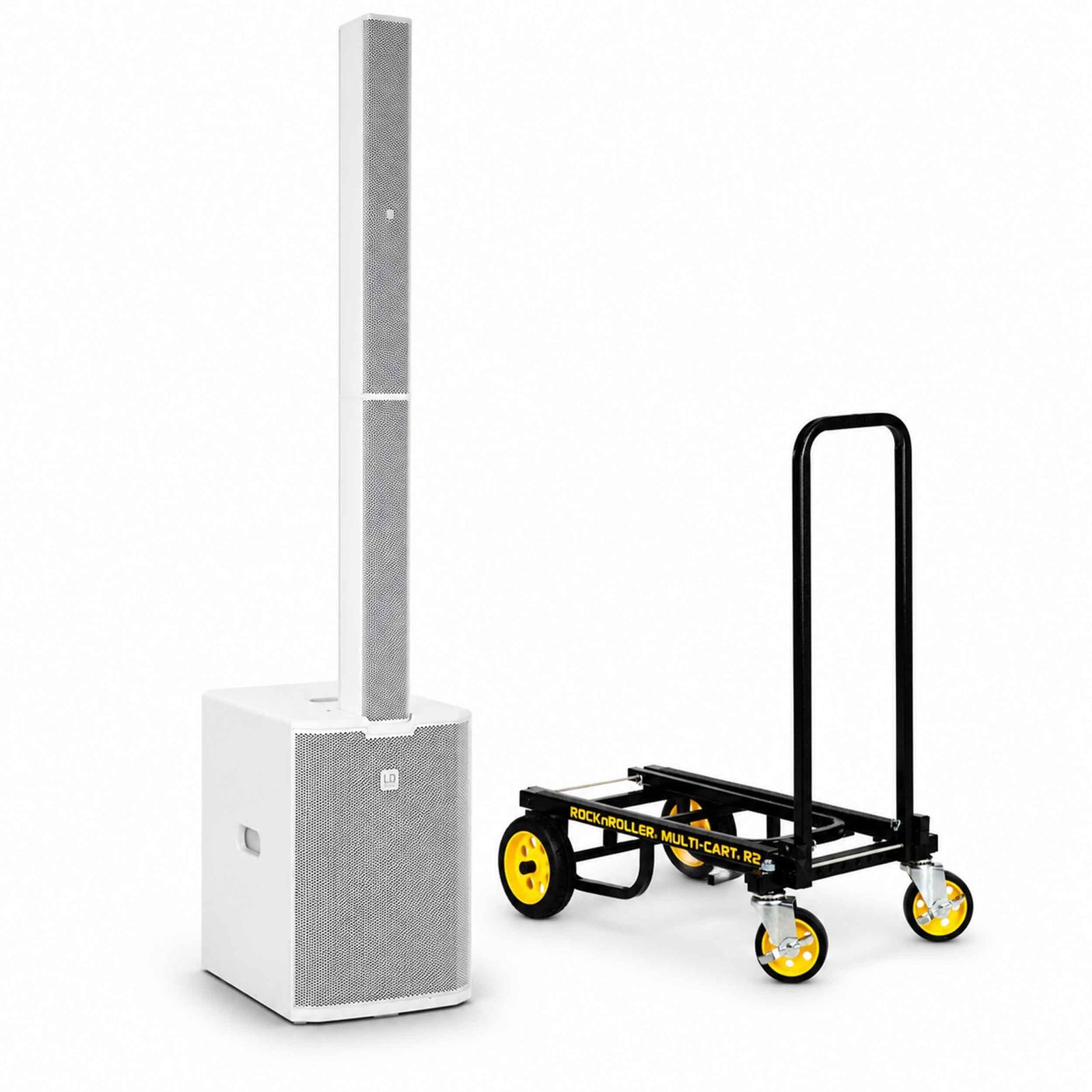 LD System MAUI 28 G3 W Compact Cardioid Powered Column PA System - White and Utility Cart