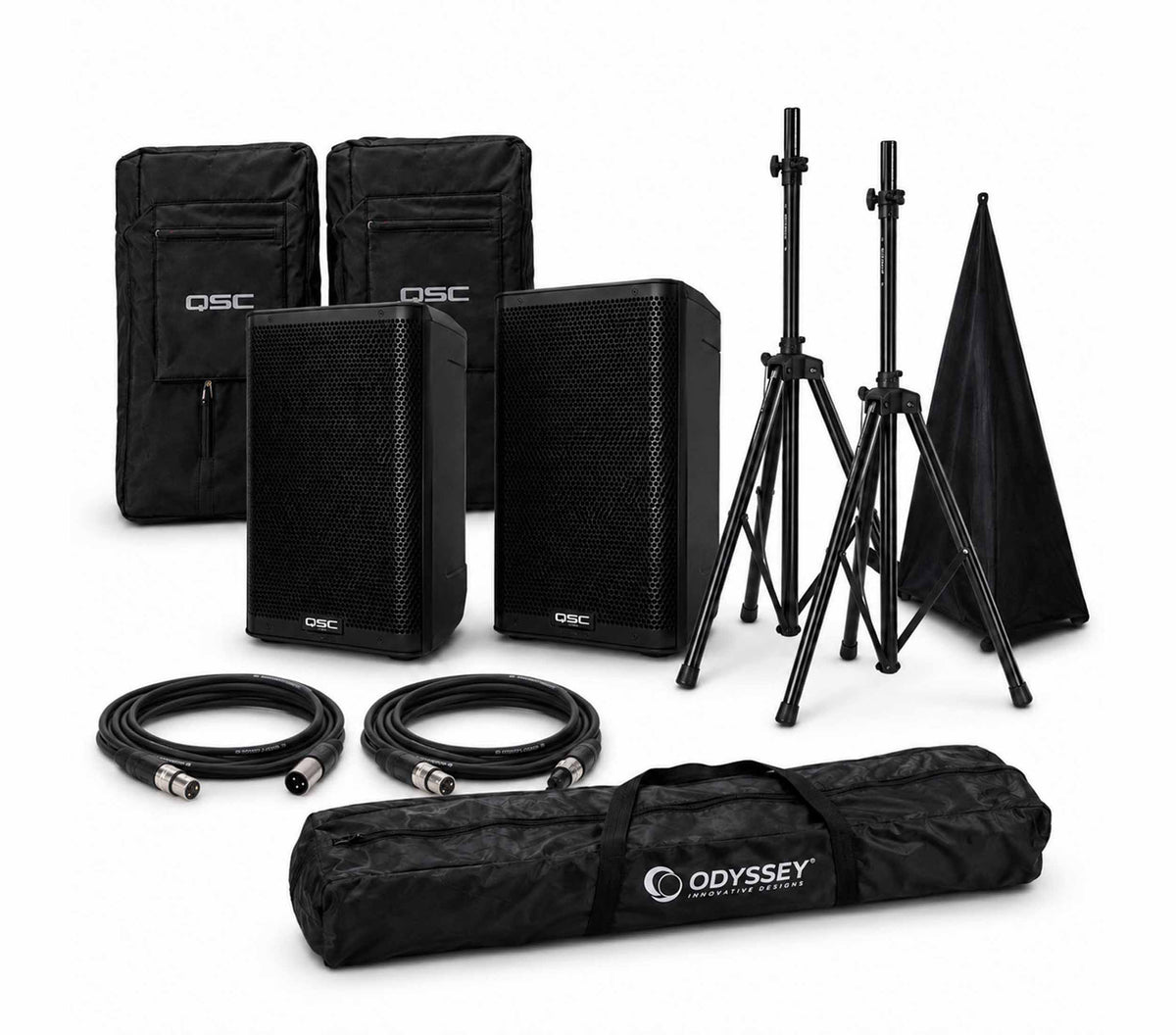 The full QSC CB10 portable PA package: two CB10 battery-powered speakers, weatherized covers, speaker stands, and pro XLR cables