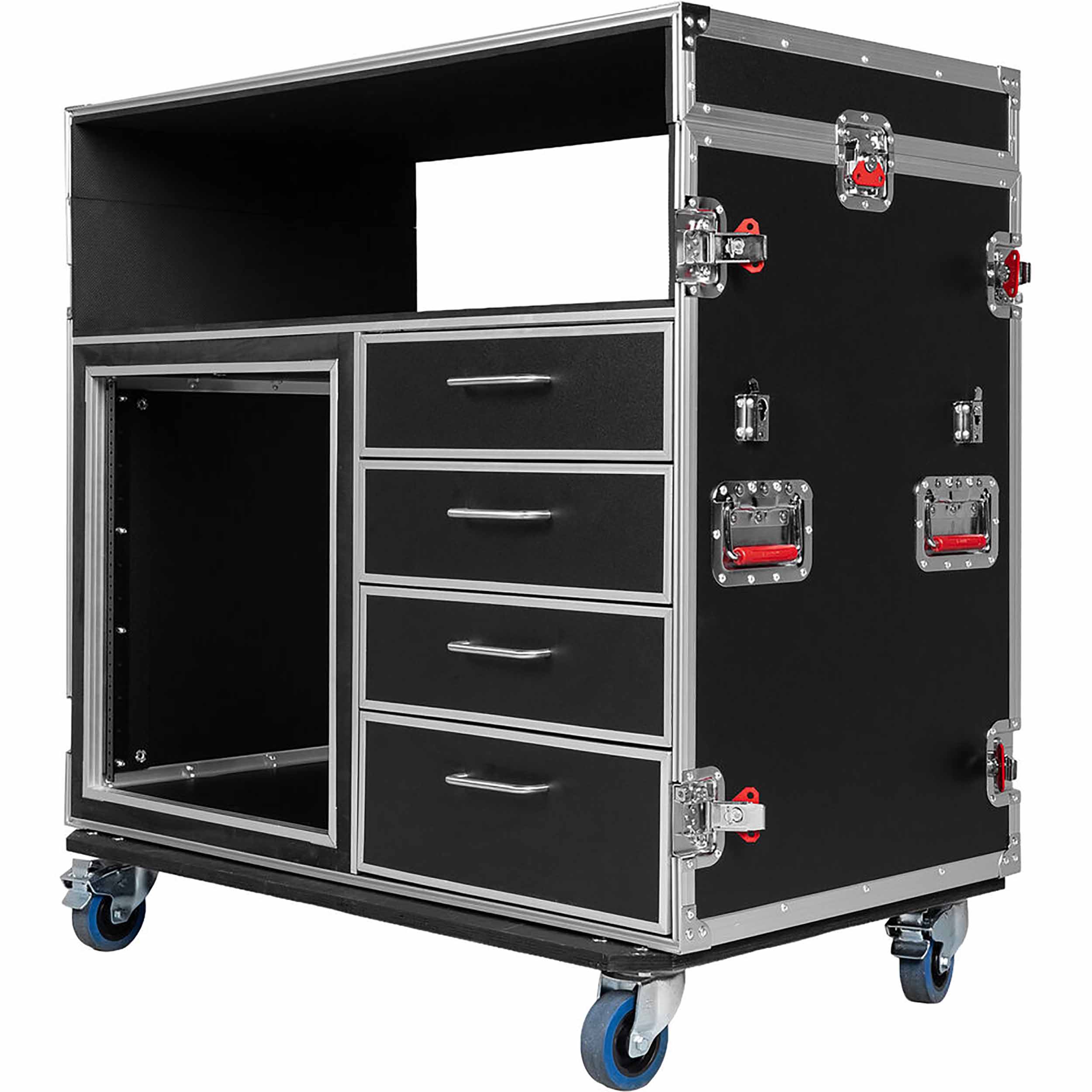Gator GTOUR-MIXERXL-12U-4D2T Mixer Case with 12 RU Rack, Four Drawers, and Two Tables