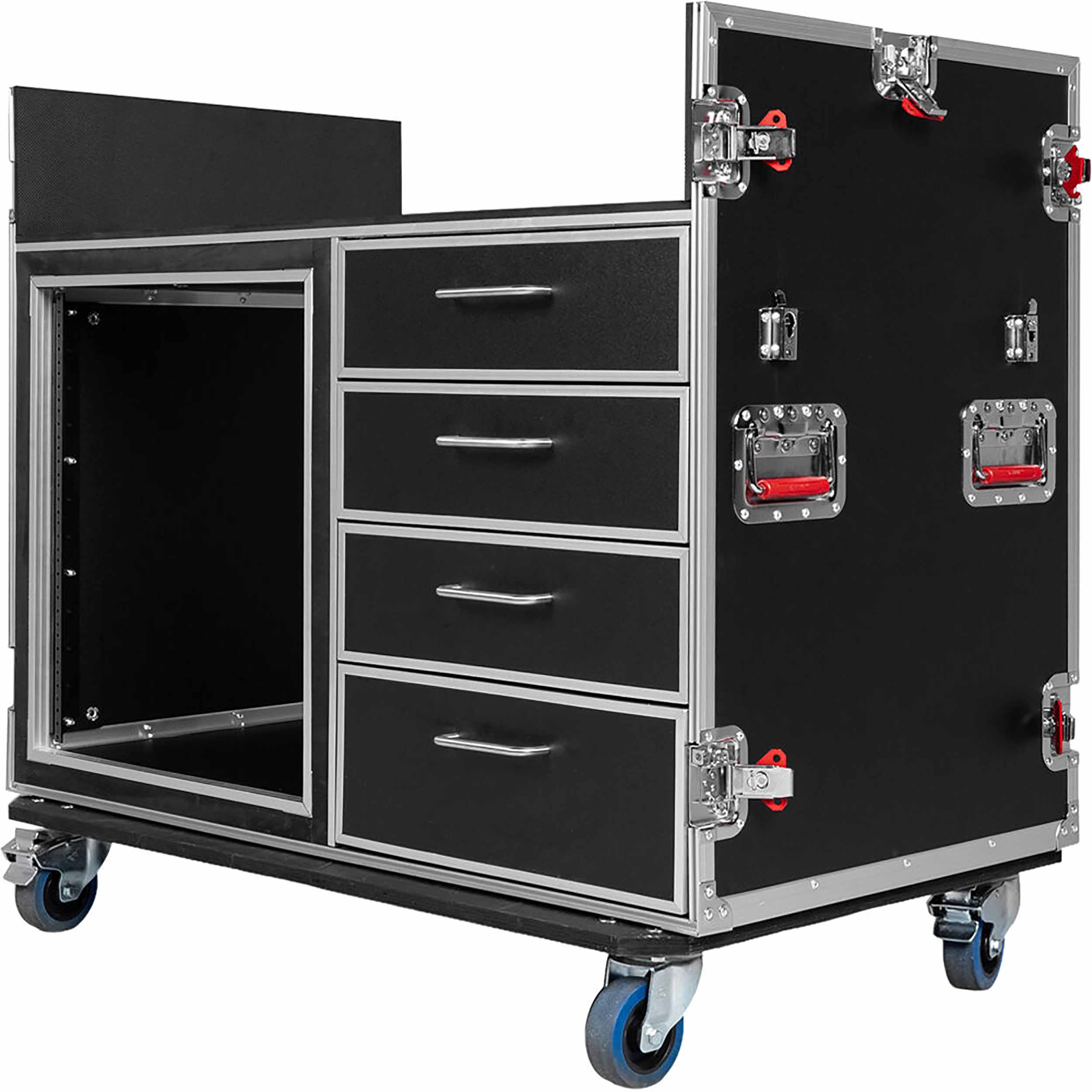 Gator GTOUR-MIXERXL-12U-4D2T Mixer Case with 12 RU Rack, Four Drawers, and Two Tables