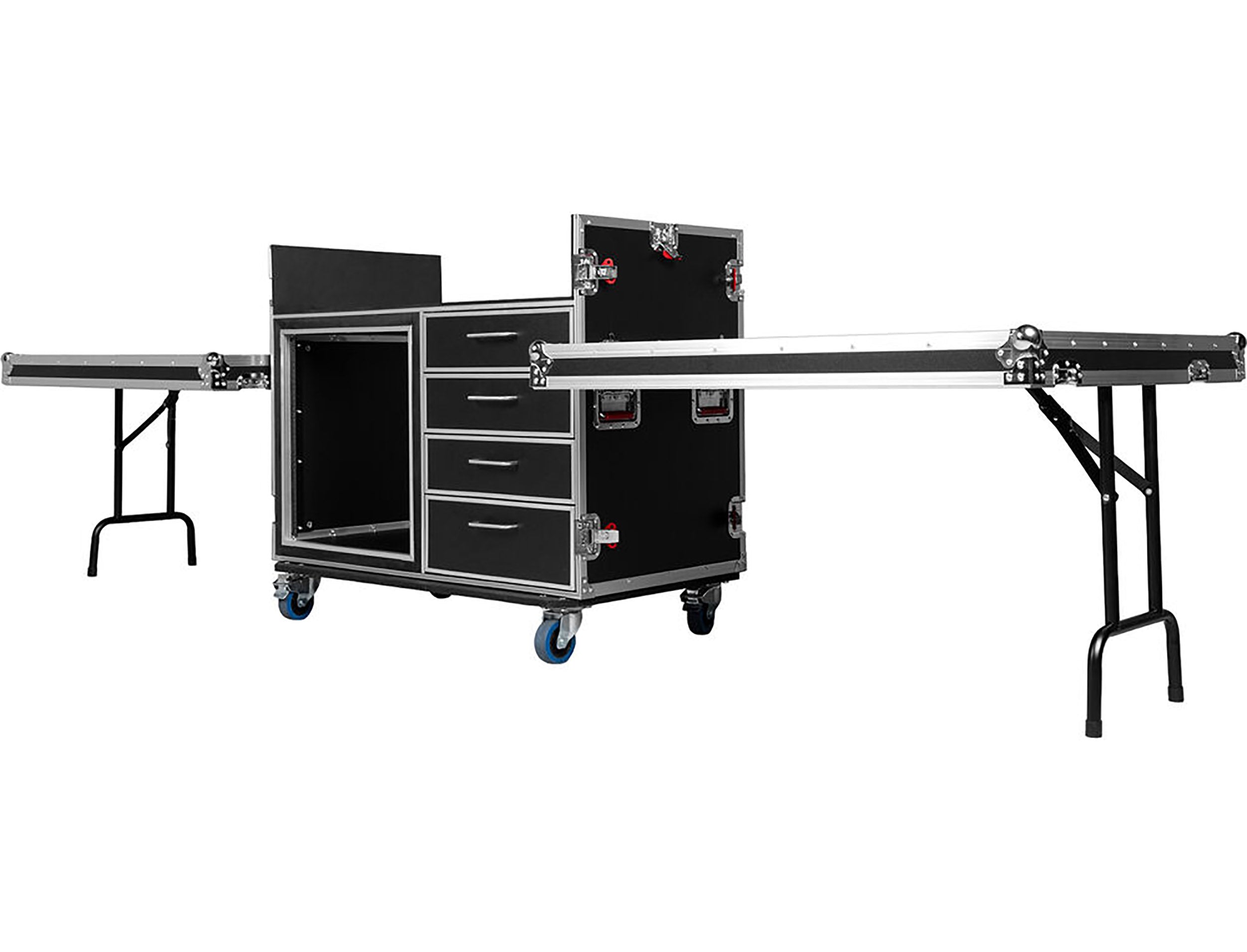 Gator GTOUR-MIXERXL-12U-4D2T Mixer Case with 12 RU Rack, Four Drawers, and Two Tables