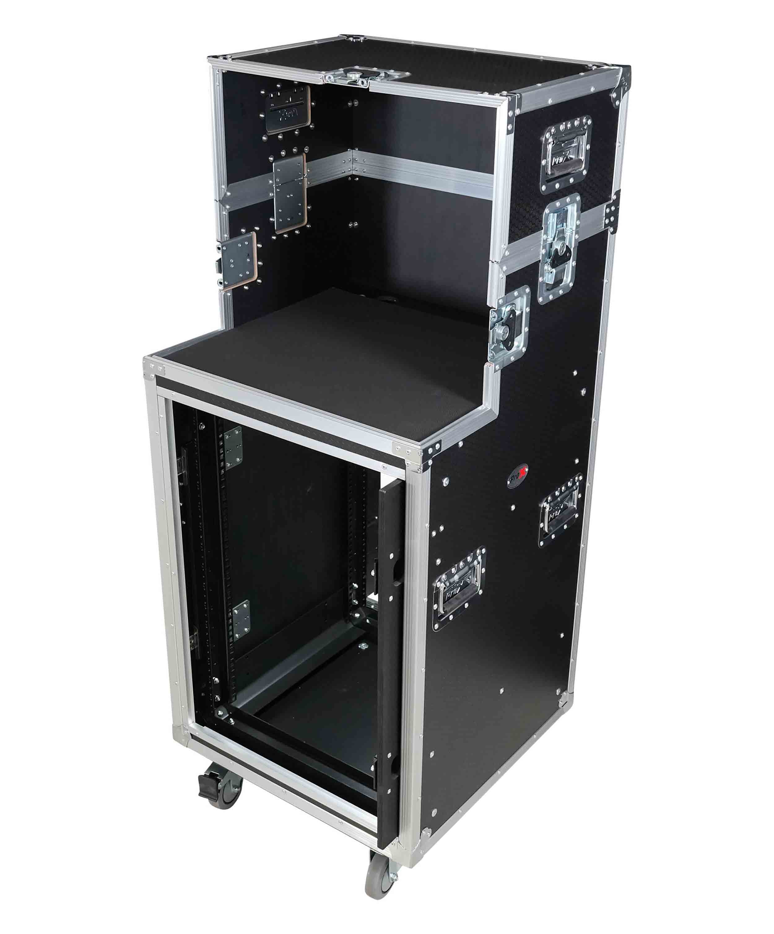 ProX XS-SLAM16UCINEWORK 16U Shockmount Slam Door Rack Flight Case with Integrated Console Compartment, Sliding Doors, and Casters for AV Production