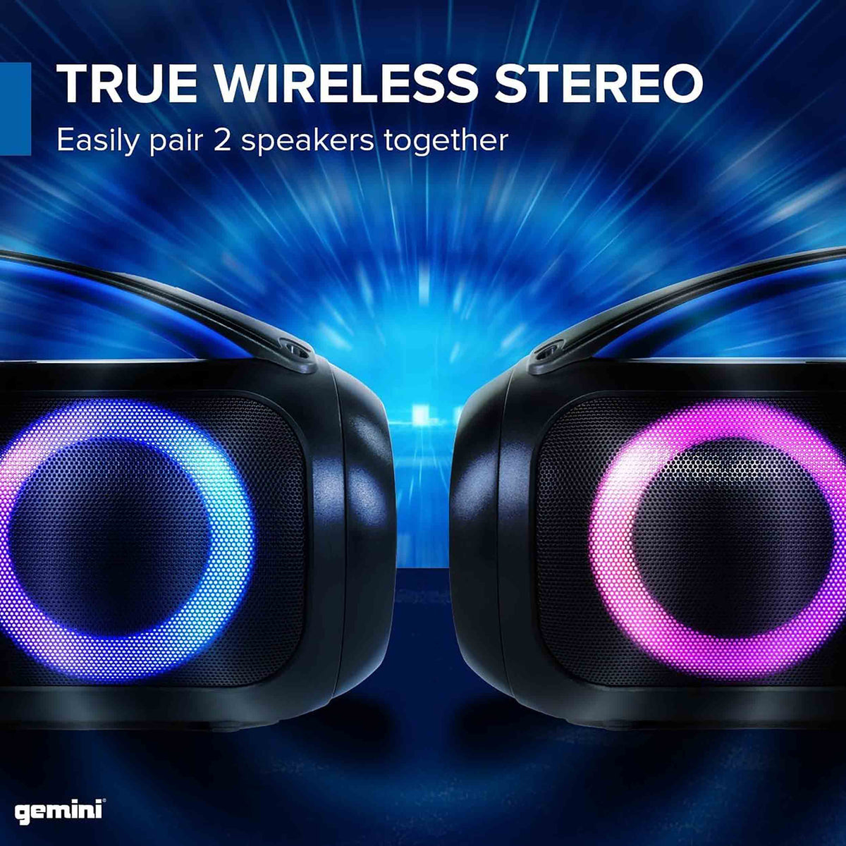 Gemini Sound GGO-230L Portable Bluetooth Boombox with LED Party Lighting, Dual 3" Woofers, 7-Hour Battery