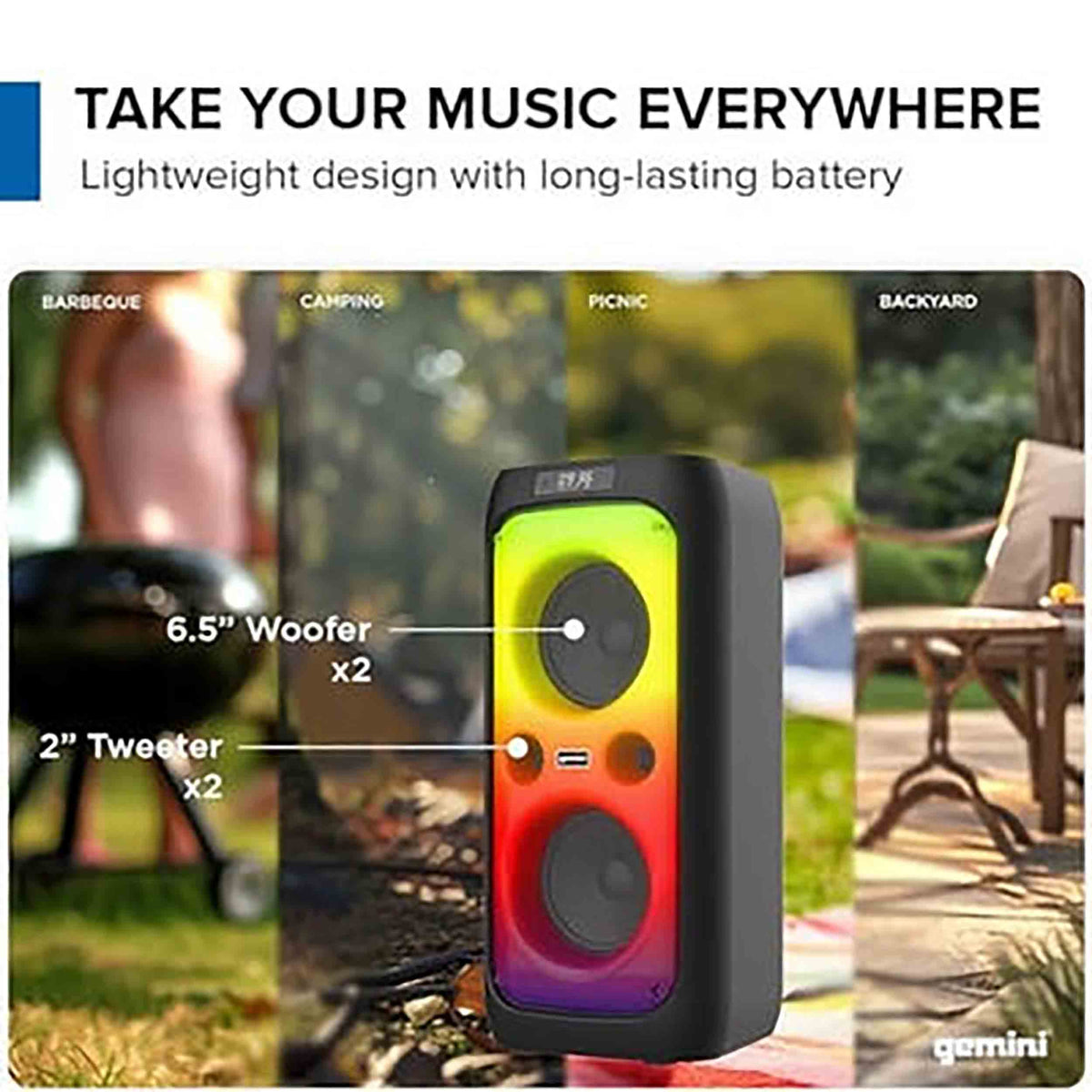 Gemini Sound GGO-2650L Portable Bluetooth Boombox with karaoke Mic and LED lights, Dual 6.5" Woofers, 9-hr Battery