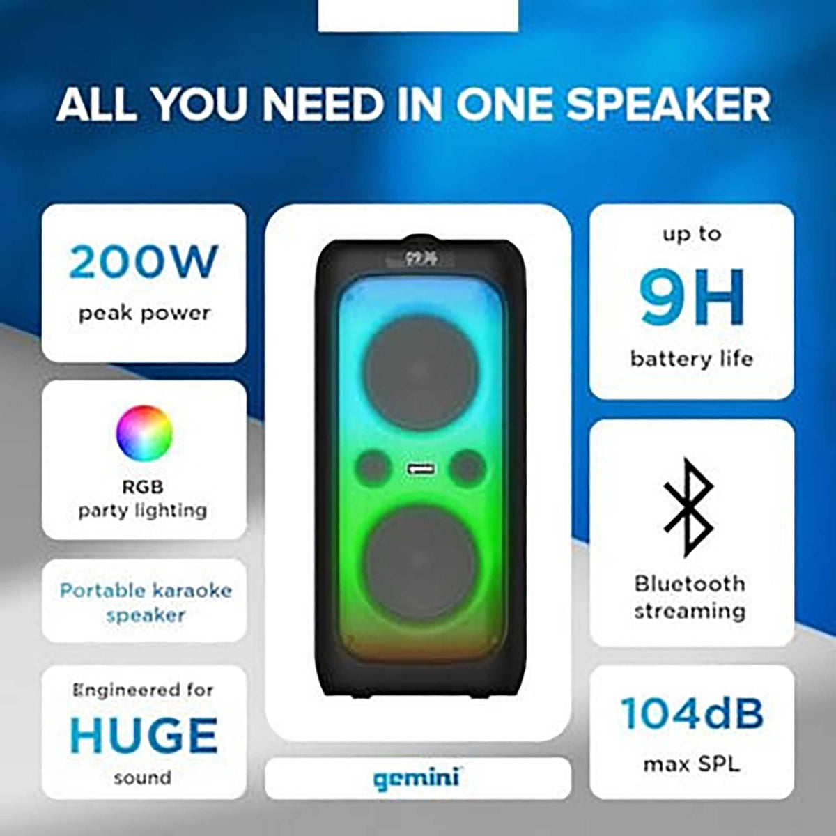 Gemini Sound GGO-2650L Portable Bluetooth Boombox with karaoke Mic and LED lights, Dual 6.5" Woofers, 9-hr Battery