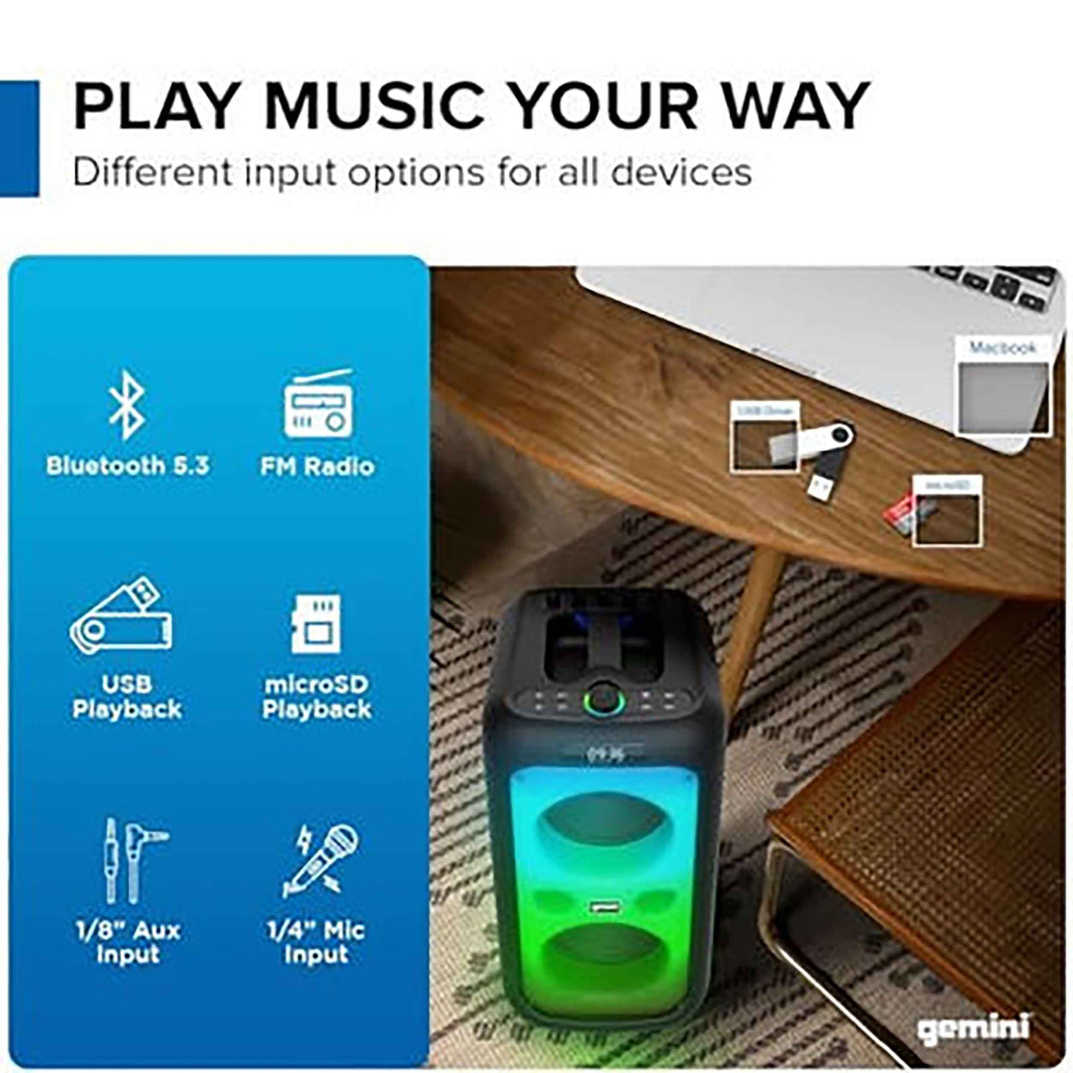 Gemini Sound GGO-2650L Portable Bluetooth Boombox with karaoke Mic and LED lights, Dual 6.5" Woofers, 9-hr Battery