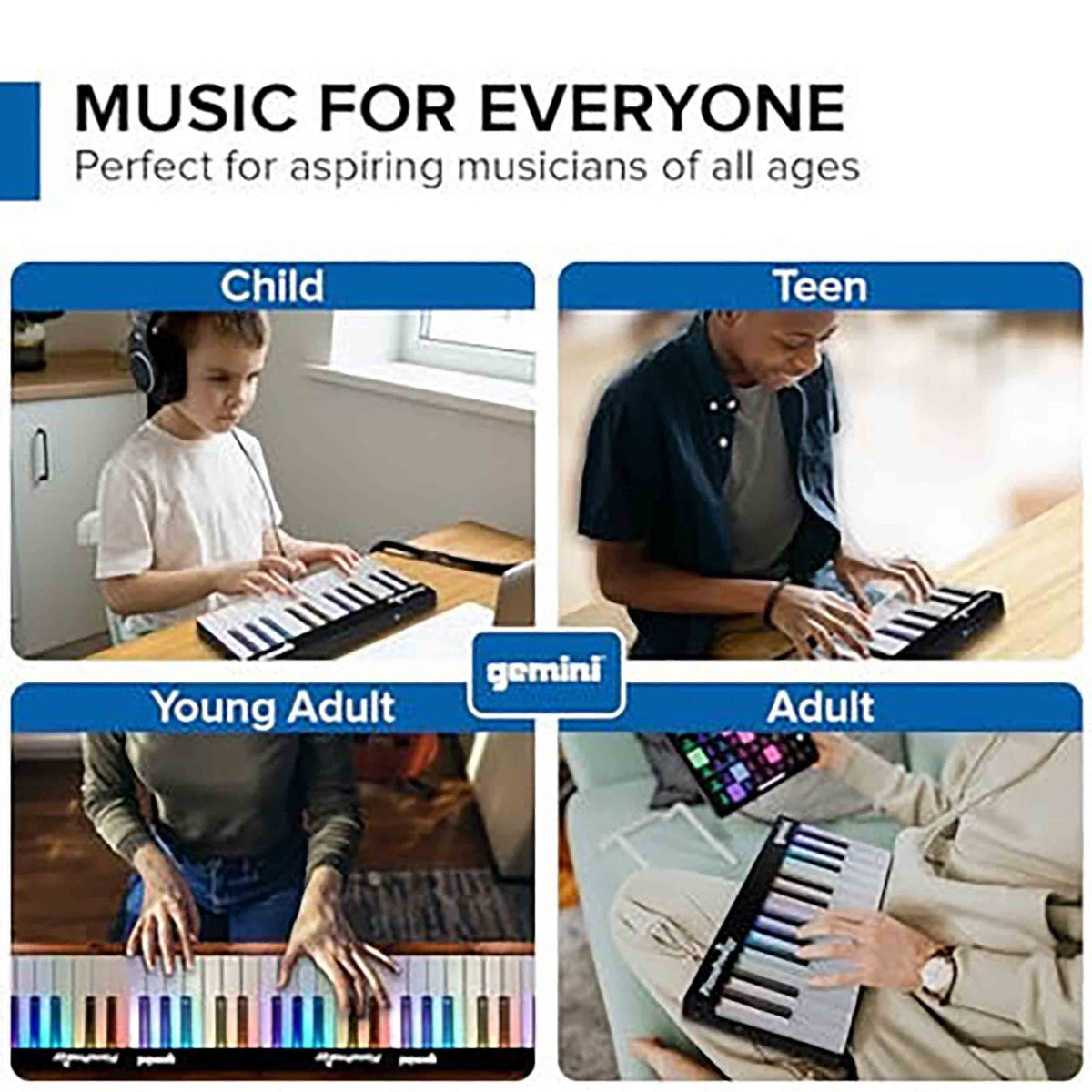 Gemini Sound GPP-101 Expandable Wireless MIDI Keyboard, 24 Light-up keys, Bluetooth 5.0, Magnetic Expansion to 72 keys