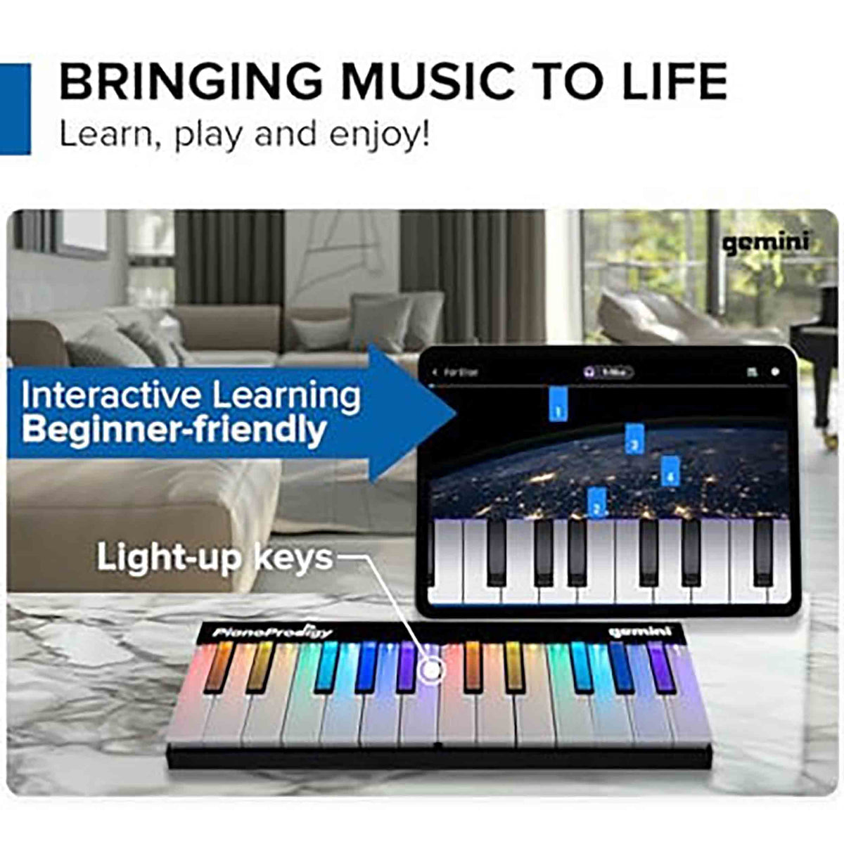 Gemini Sound GPP-101 Expandable Wireless MIDI Keyboard, 24 Light-up keys, Bluetooth 5.0, Magnetic Expansion to 72 keys