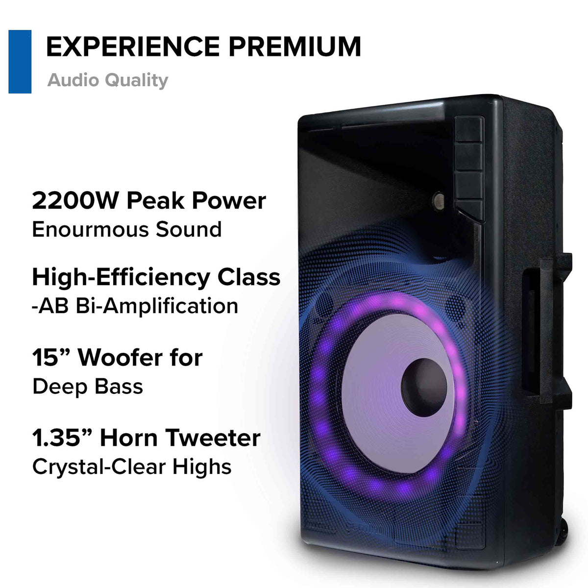 Gemini Sound GSP-L5500PK 15" Active Bluetooth PA Speaker with LED Lights, Stand, and Mic, 1800W, 126dB max SPL