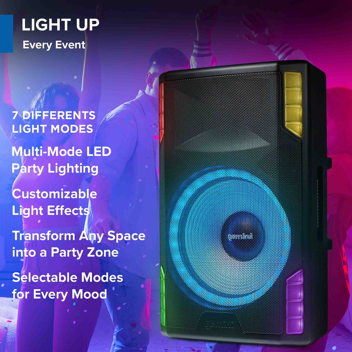 Gemini Sound GSP-L5500PK 15" Active Bluetooth PA Speaker with LED Lights, Stand, and Mic, 1800W, 126dB max SPL