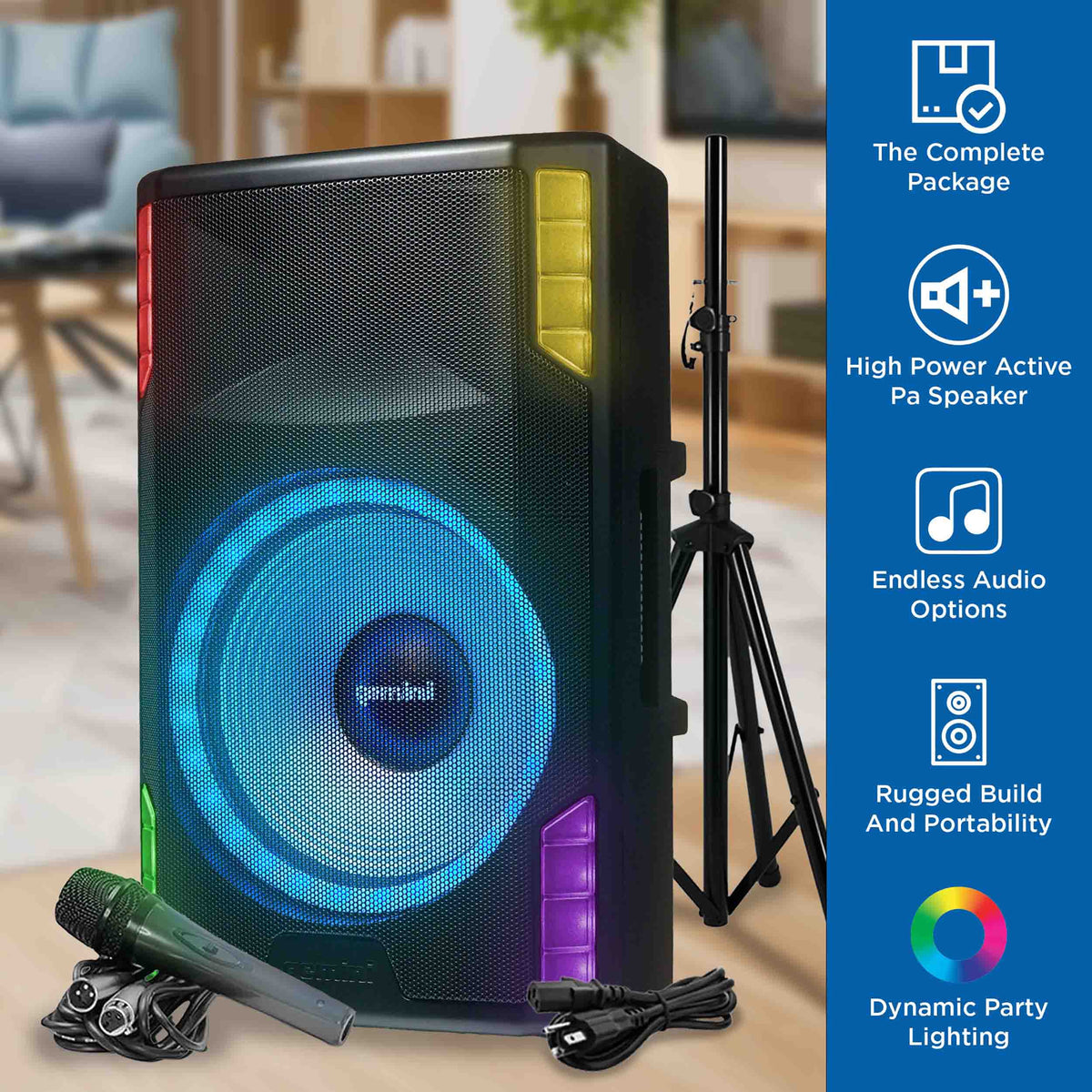 Gemini Sound GSP-L5500PK 15" Active Bluetooth PA Speaker with LED Lights, Stand, and Mic, 1800W, 126dB max SPL