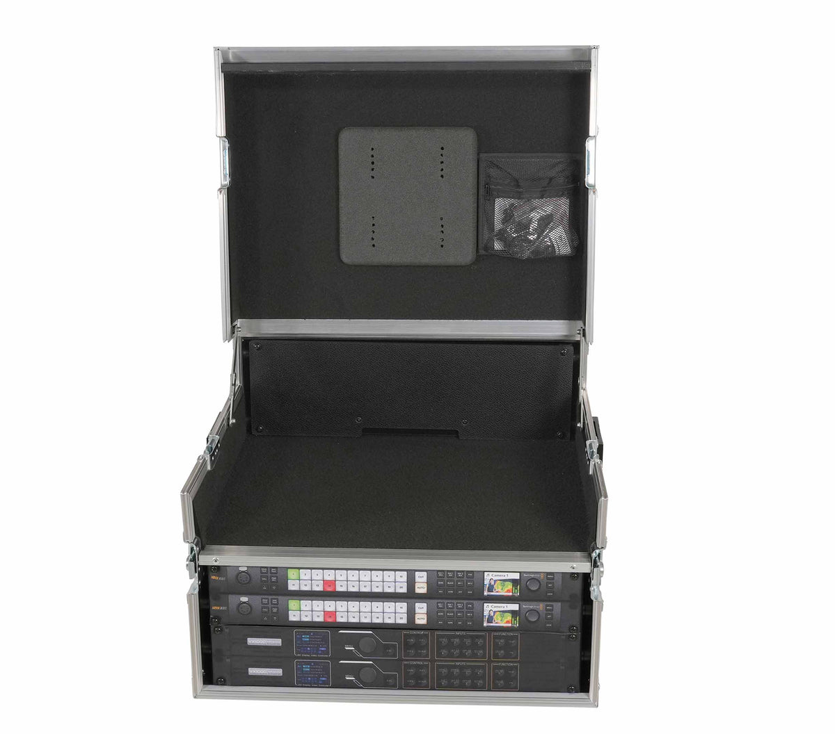 ProX XSM-AVFCREGIE4 Broadcast Regie Production Video Controller Flight Case 4U Rack Bay with Monitor Mount