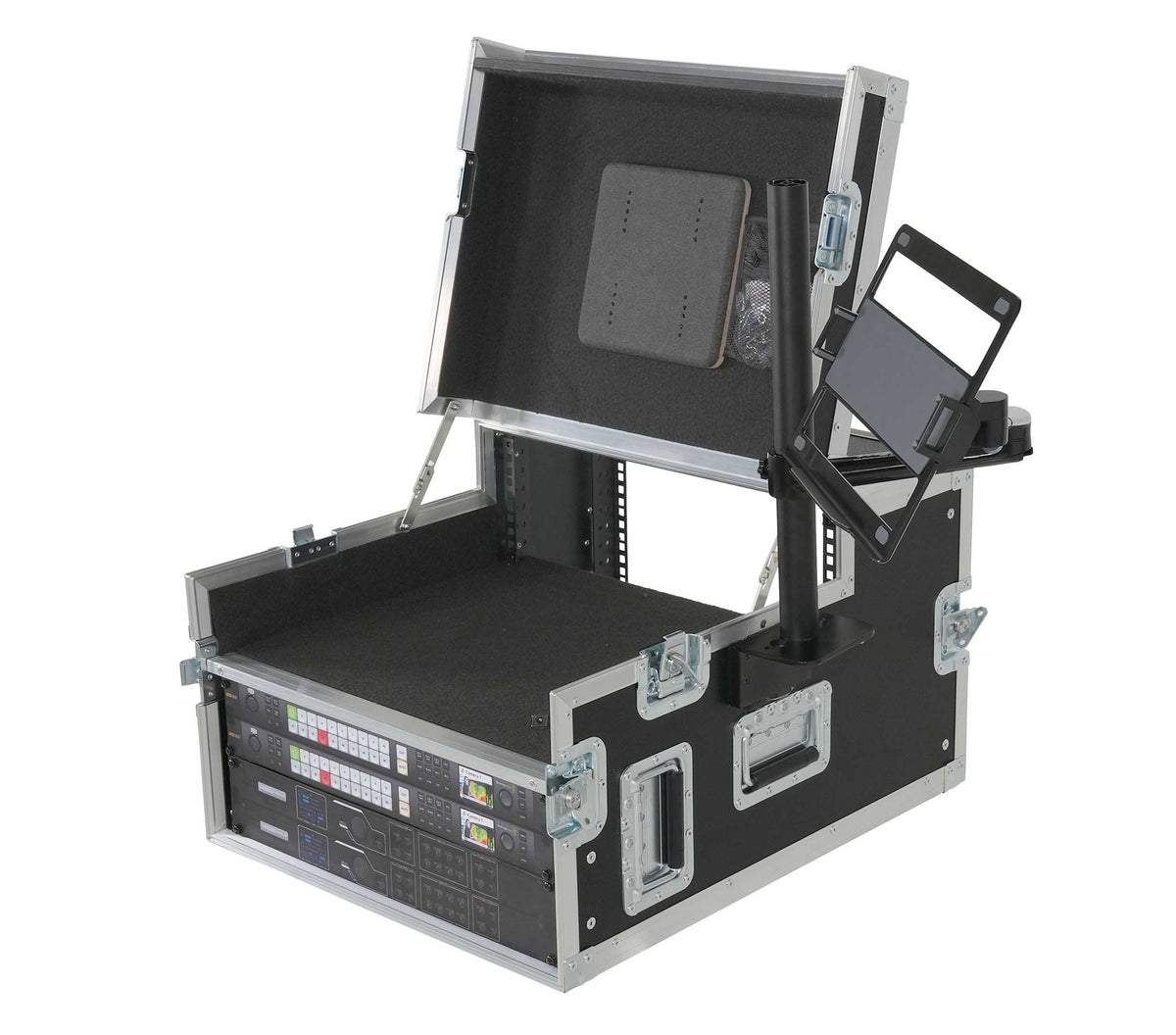 ProX XSM-AVFCREGIE4 Broadcast Regie Production Video Controller Flight Case 4U Rack Bay with Monitor Mount
