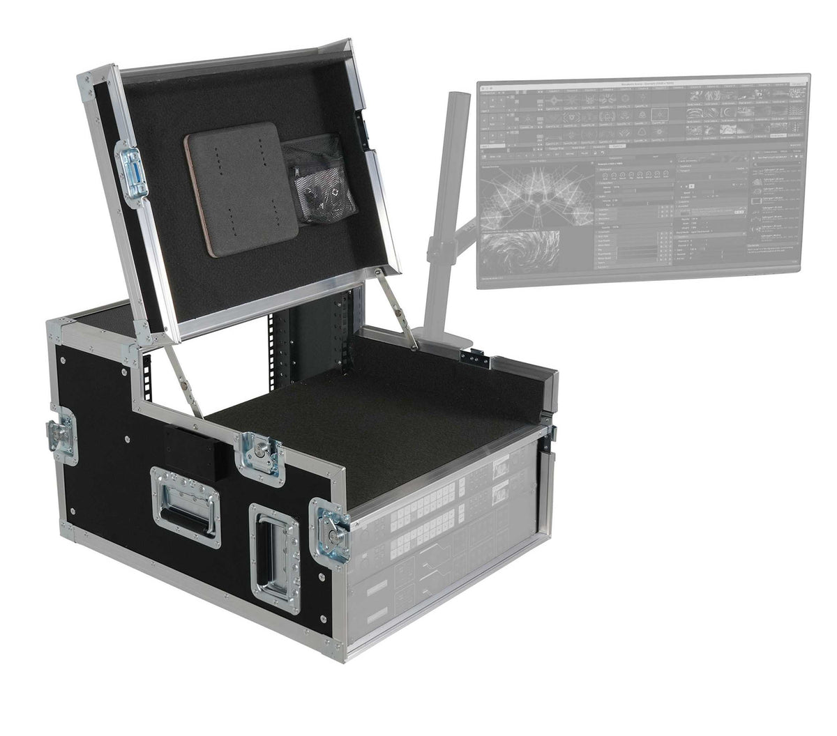 ProX XSM-AVFCREGIE4 Broadcast Regie Production Video Controller Flight Case 4U Rack Bay with Monitor Mount