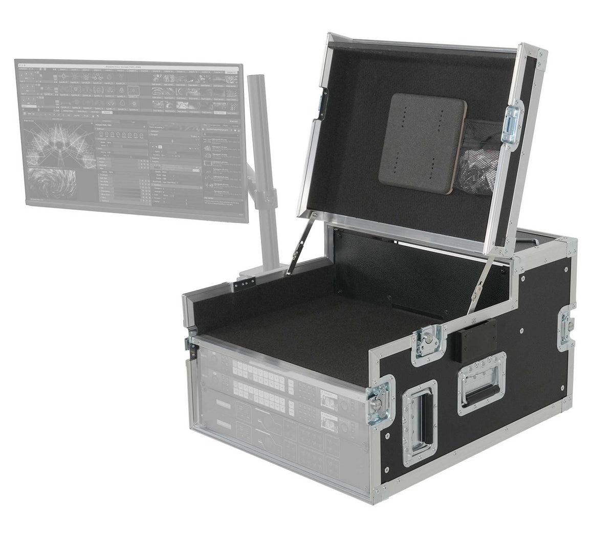ProX XSM-AVFCREGIE4 Broadcast Regie Production Video Controller Flight Case 4U Rack Bay with Monitor Mount