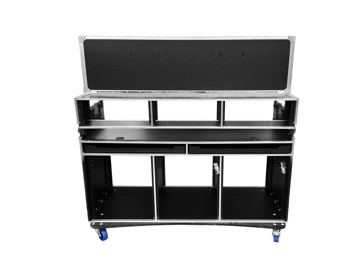 Odyssey FLYPACK3 Portable Triple Bay Video Production Workstation Flight Case with 3 x 12U and 3 x 4U Rack Space