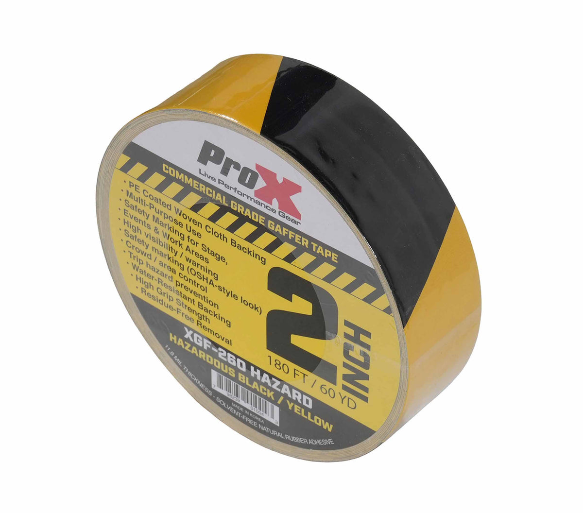 ProX XGF-260HAZARD Hazard Stripe Gaffer Tape Black and Yellow 60 Yards with Residue-Free Removal - 2-Inch