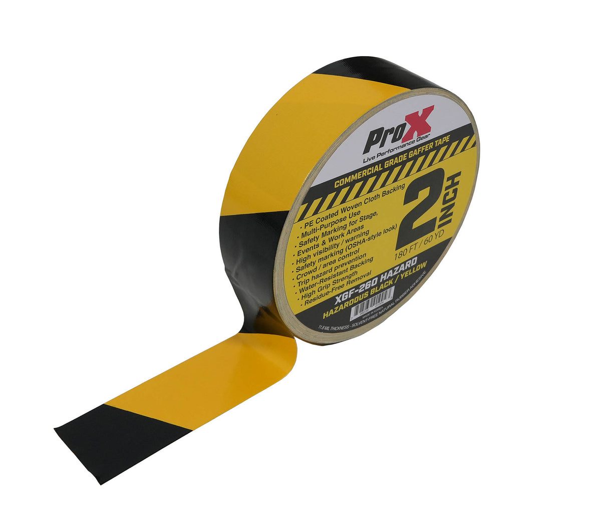 ProX XGF-260HAZARD Hazard Stripe Gaffer Tape Black and Yellow 60 Yards with Residue-Free Removal - 2-Inch