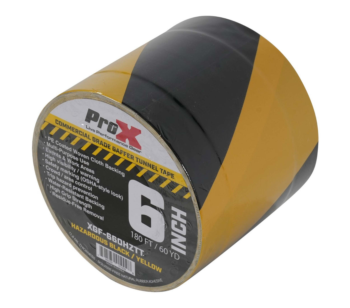 ProX XGF-660HAZARDTT Hazard Stripe Tunnel Tape 60 Yards Black and Yellow with Cable-Safe Adhesive Channels - 6 Inch