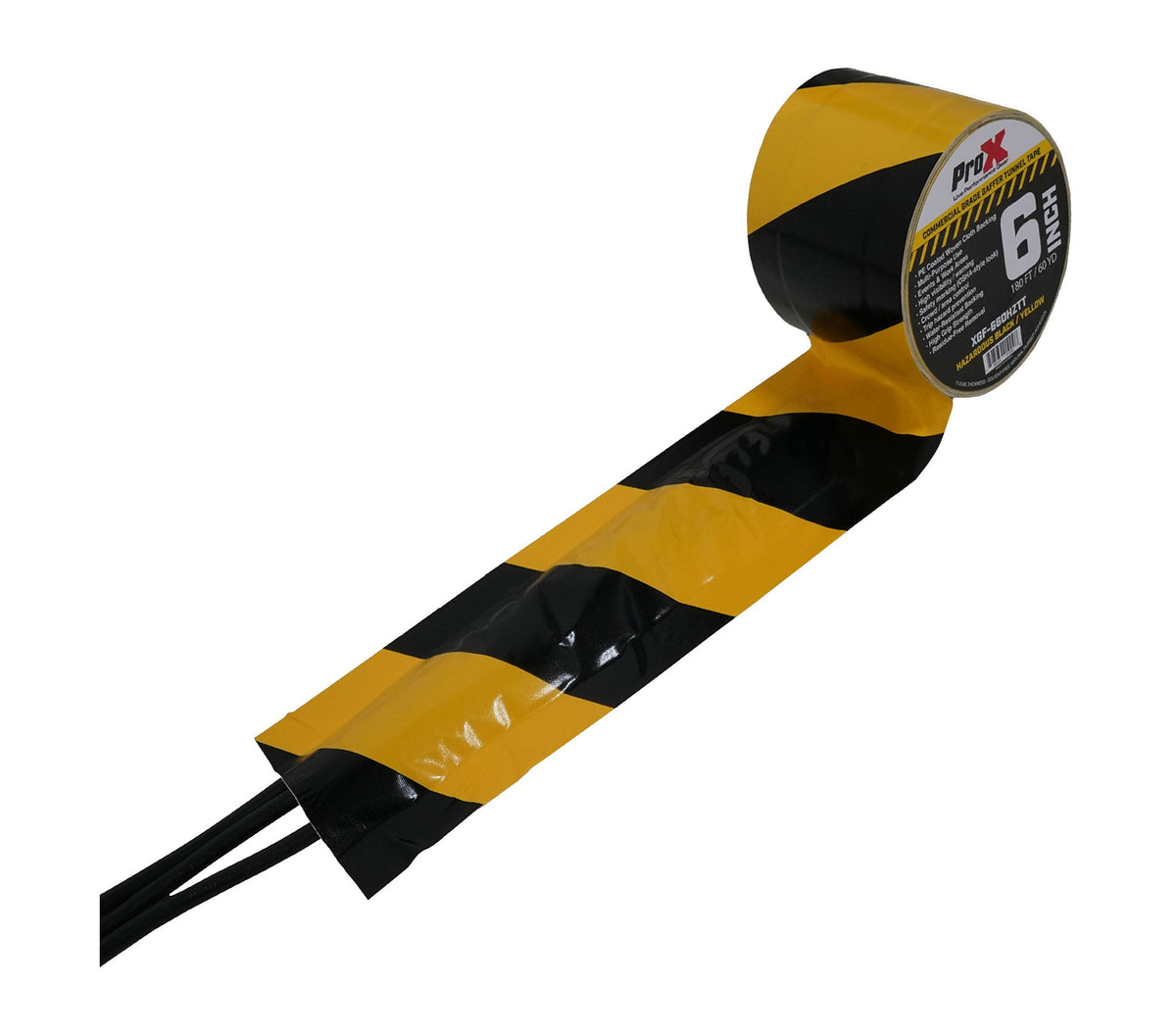 ProX XGF-660HAZARDTT Hazard Stripe Tunnel Tape 60 Yards Black and Yellow with Cable-Safe Adhesive Channels - 6 Inch