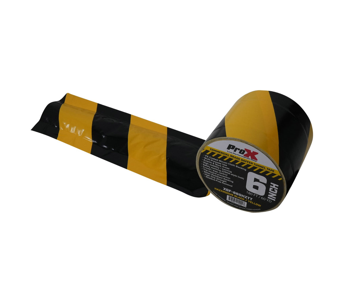 ProX XGF-660HAZARDTT Hazard Stripe Tunnel Tape 60 Yards Black and Yellow with Cable-Safe Adhesive Channels - 6 Inch