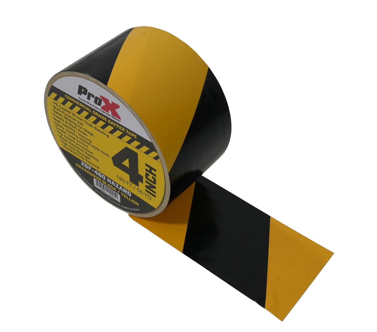 ProX XGF-460HAZARD Hazard Stripe Gaffer Tape 60 Yards Black and Yellow with Matte, Water-Resistant Backing - 4 Inch