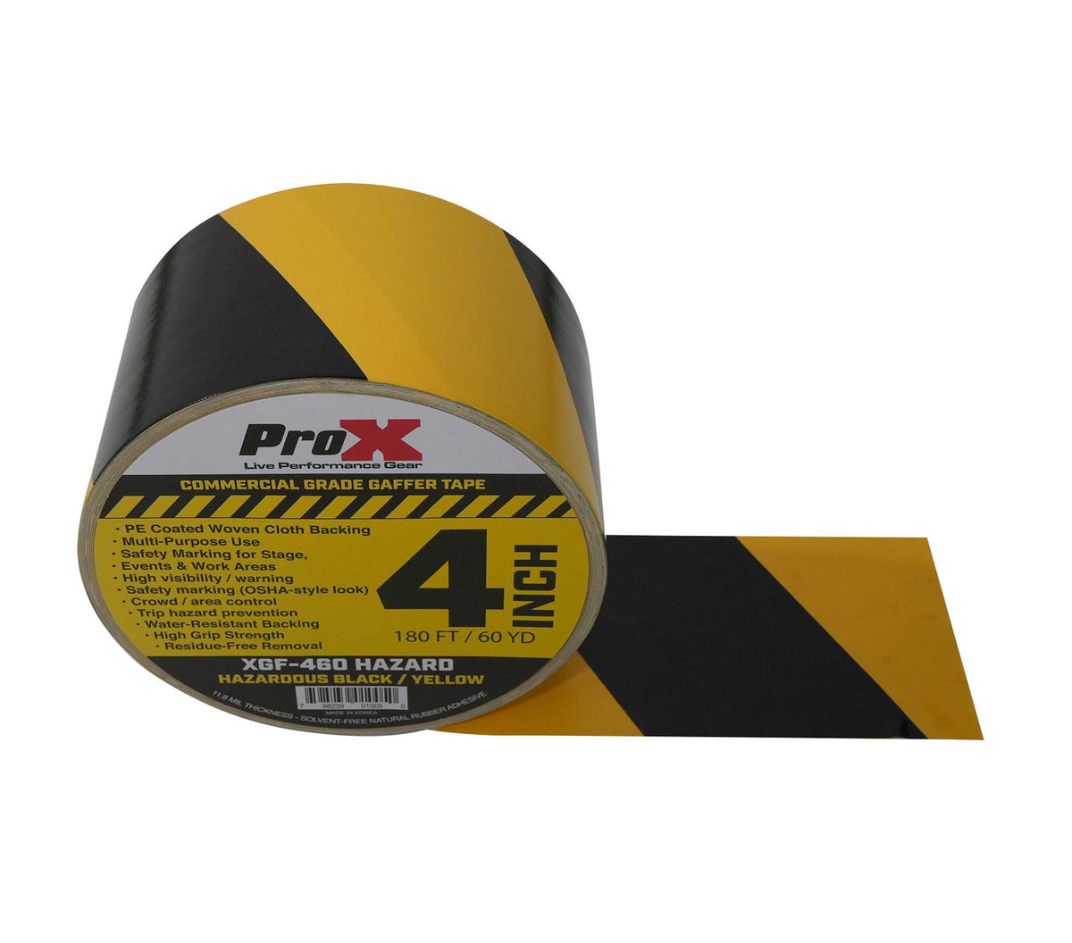 ProX XGF-460HAZARD Hazard Stripe Gaffer Tape 60 Yards Black and Yellow with Matte, Water-Resistant Backing - 4 Inch