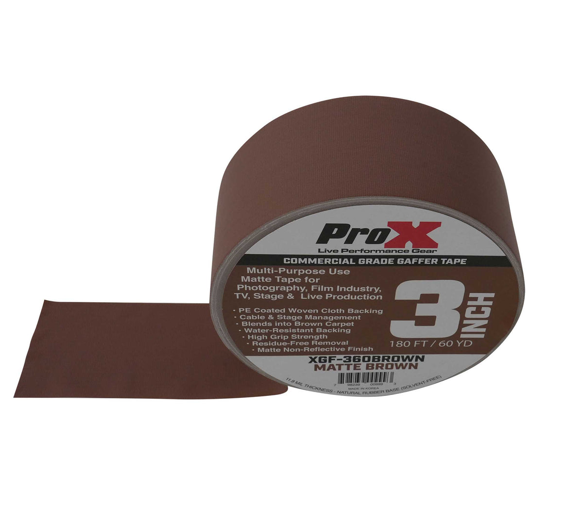 ProX XGF-360BROWN Brown Matte Gaffer Tape 60 Yards for Wood Floors, Stages and Cable Management - 3-Inch