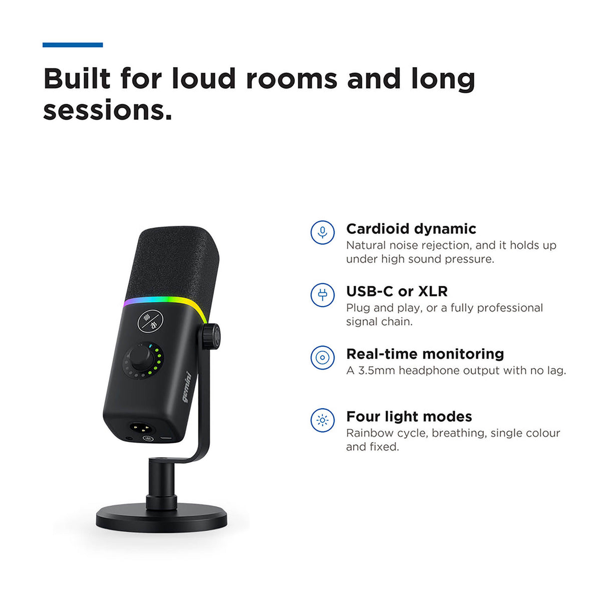 Gemini GSM-500 podcast and Vocal Dynamic Microphone with USB/XLR and Headphone Monitoring