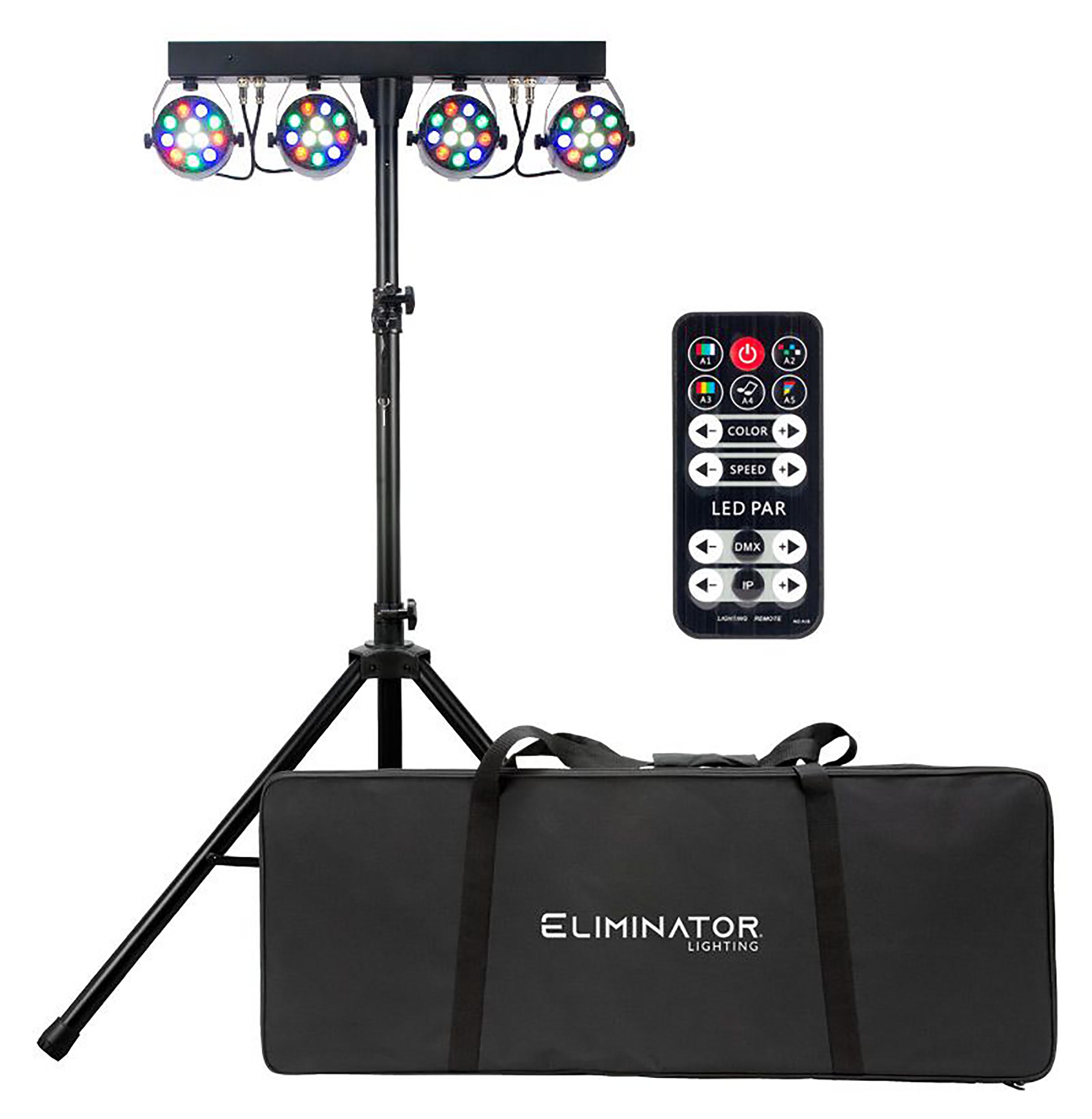 Eliminator Lighting Mini Par Bar with 4 LED Wash Fixtures, Tripod Stand, Remote, and Bag