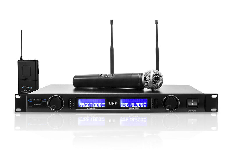 Technical Pro WM1322 Dual UHF Handheld Mic and Lapel Mic with Headset by Technical Pro