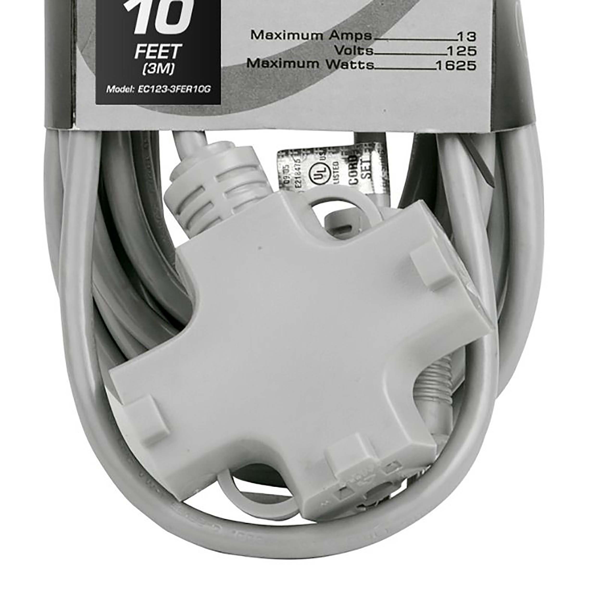 Accu-Cable EC123-3FER10G, 16-Gauge Indoor/Outdoor AC Extol Cord with Triple Tap - 10 Ft by Accu Cable