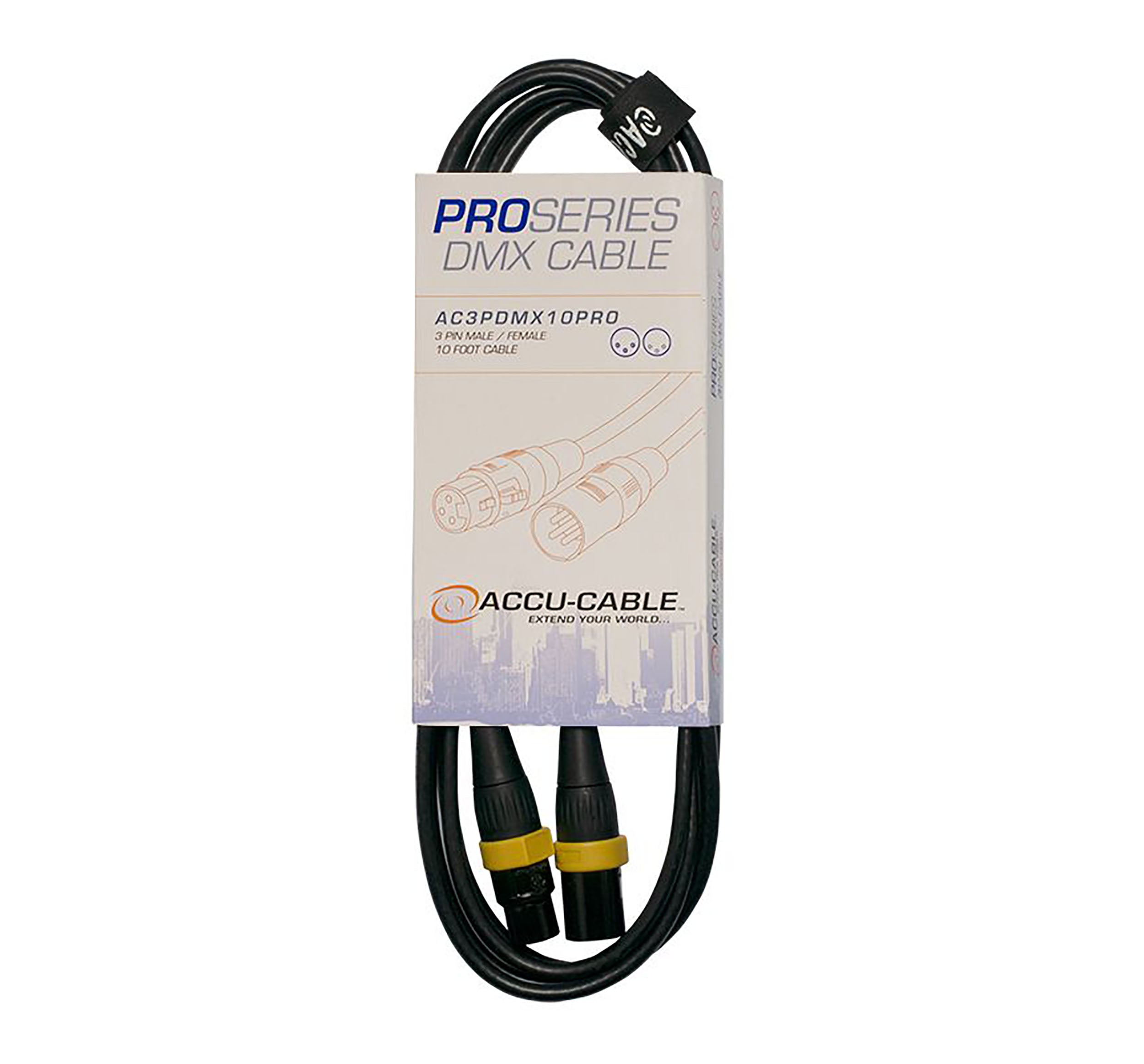 Accu-Cable AC3PDMX10PRO, Pro Series 3-Pin Male to 3-Pin Female Connection DMX Cable - 10 Ft by Accu Cable